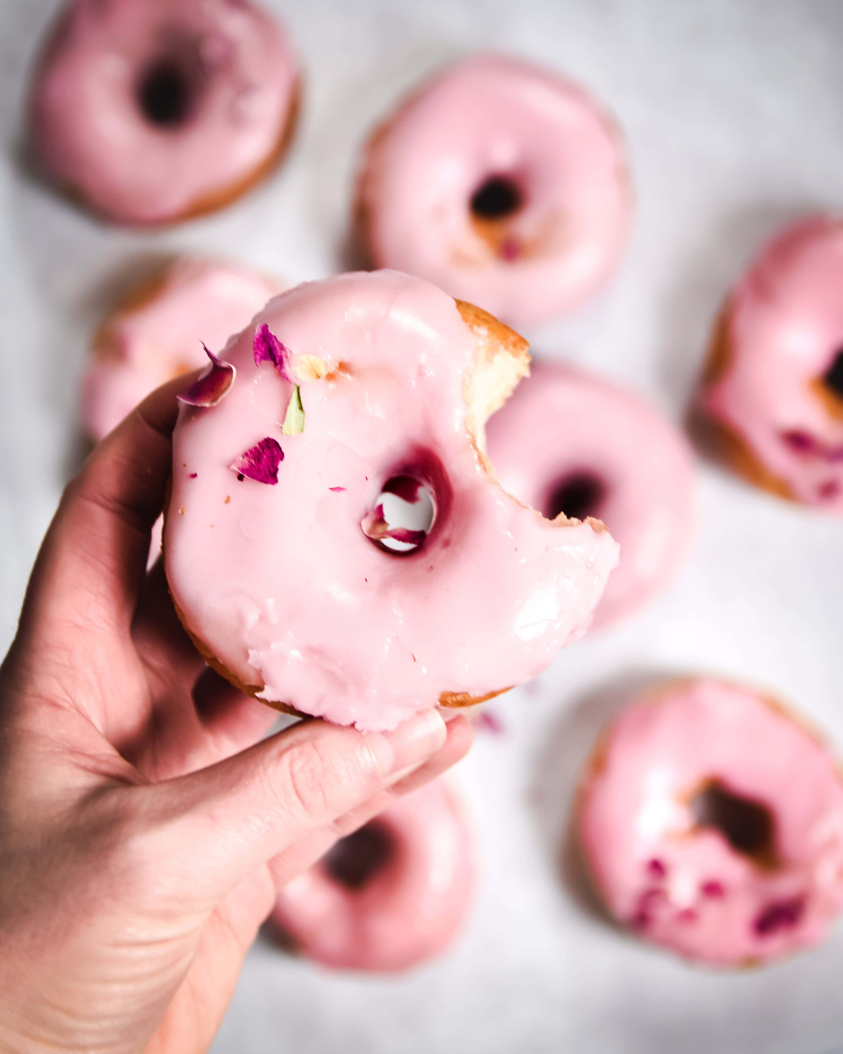glazed donut, pink glazed donut, rose petals, 4K Phone Wallpaper