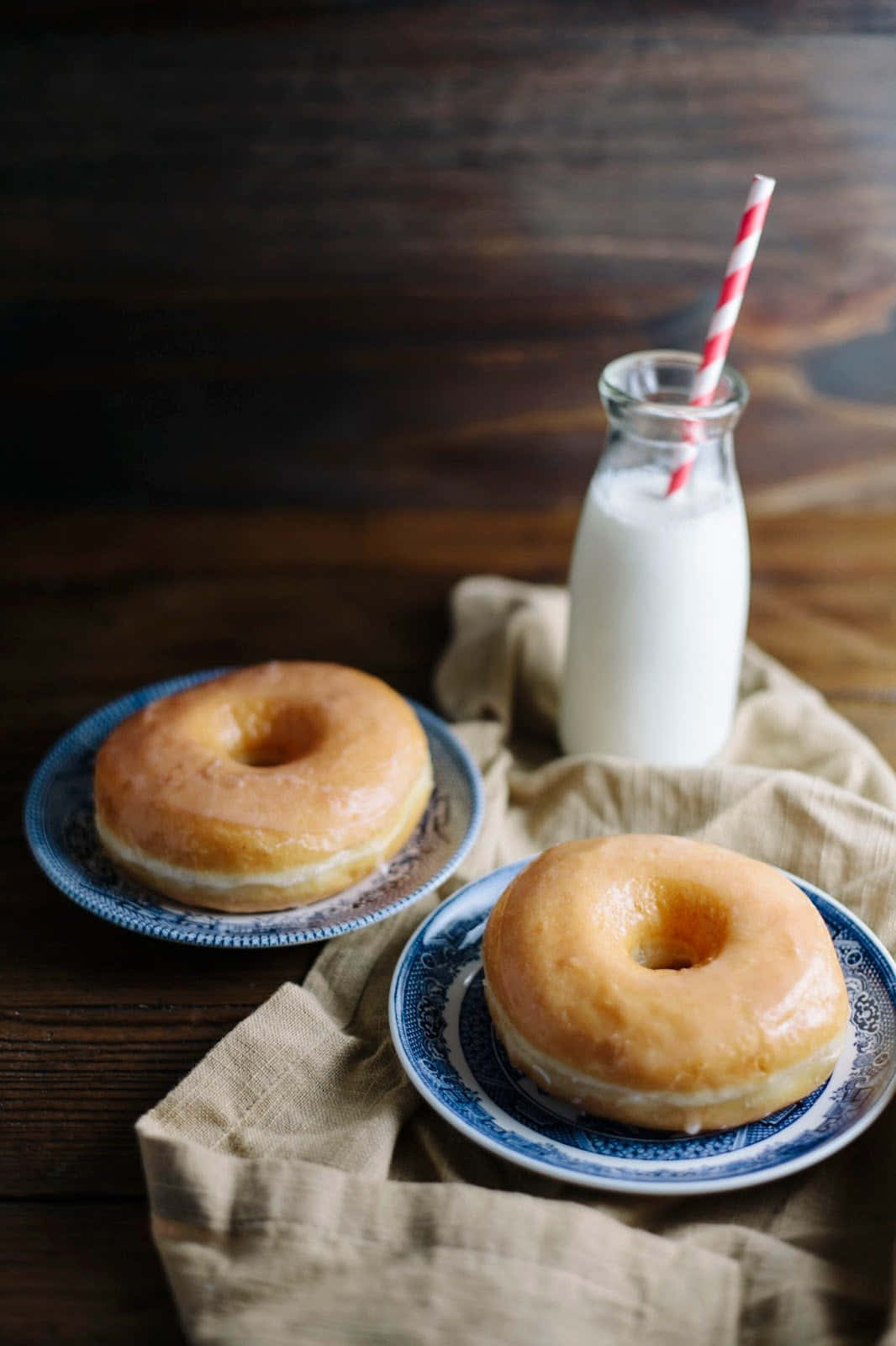 glazed donut, blue patterned plates, glass bottle of milk, HD Phone Wallpaper