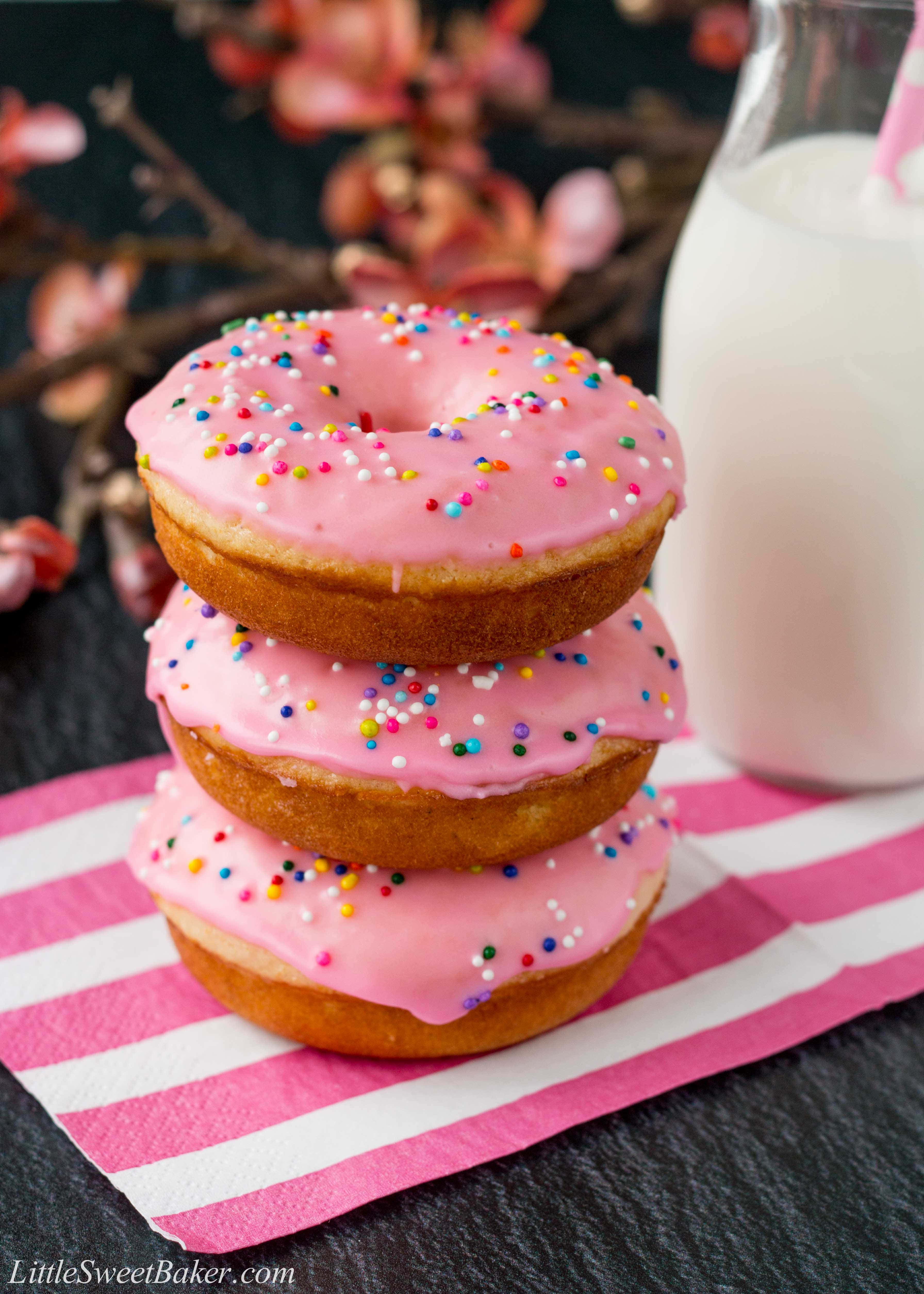 glazed donut, pink-frosted donuts, colorful sprinkles, 4K Phone Wallpaper