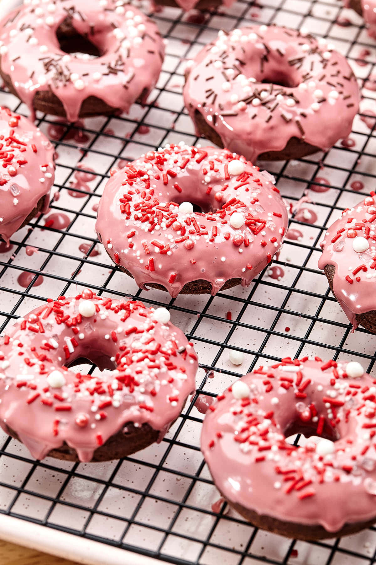 glazed donut, pink chocolate donut, red white and black sprinkles, HD Phone Wallpaper