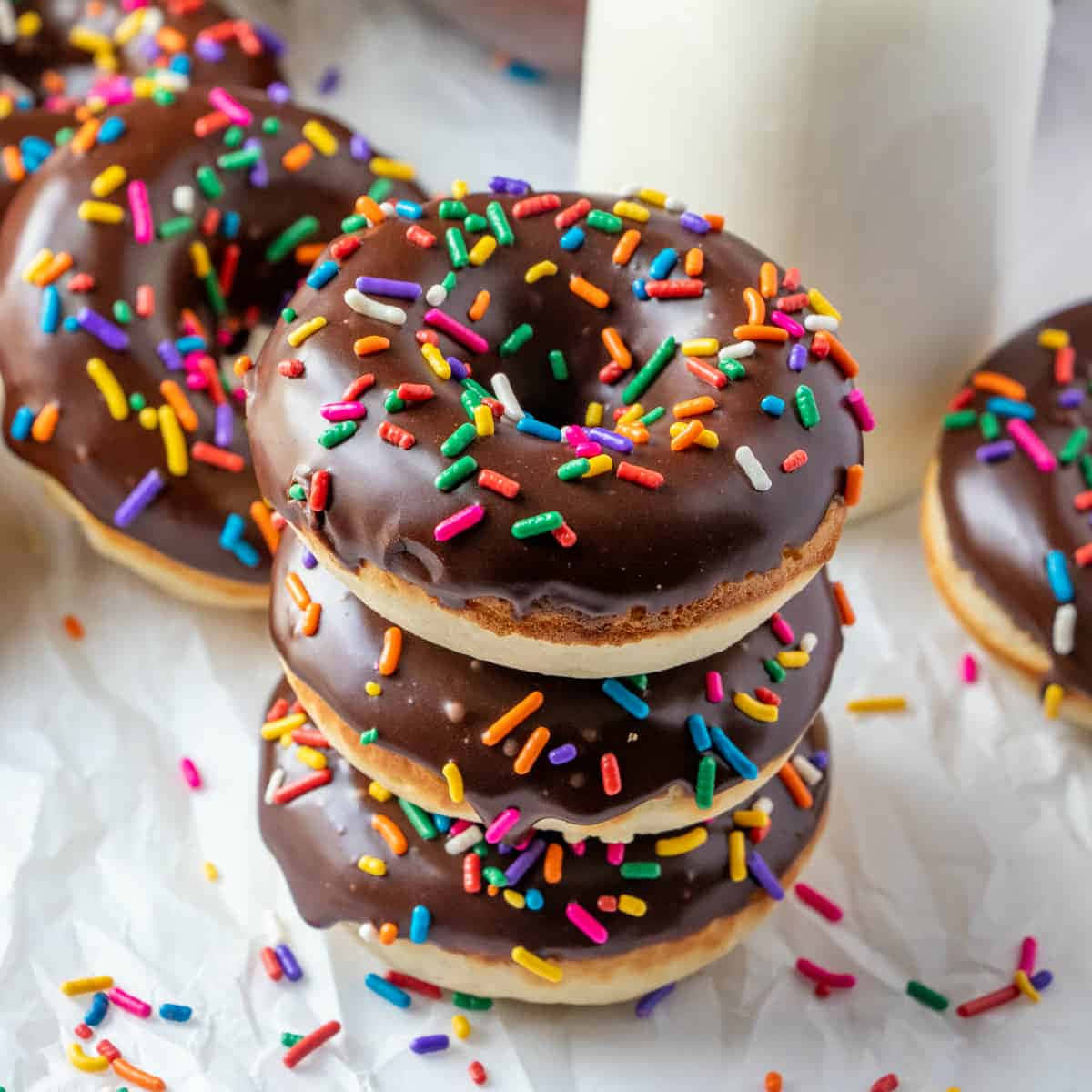 glazed donut, chocolate-glazed donuts, rainbow sprinkles, SD Desktop Wallpaper