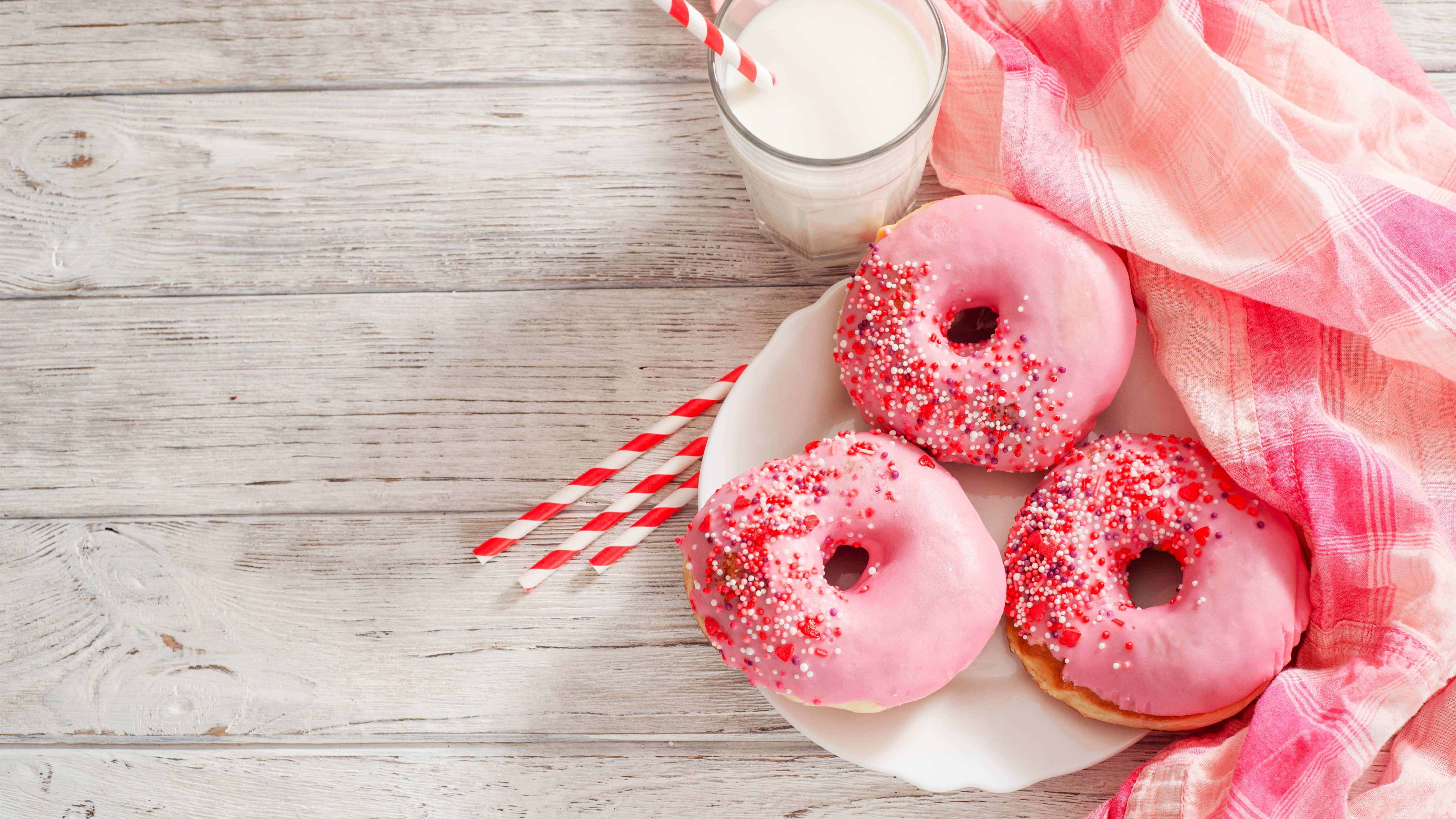 cute donut, rainbow sprinkle donut, pink-frosted donuts, 5K Desktop Wallpaper