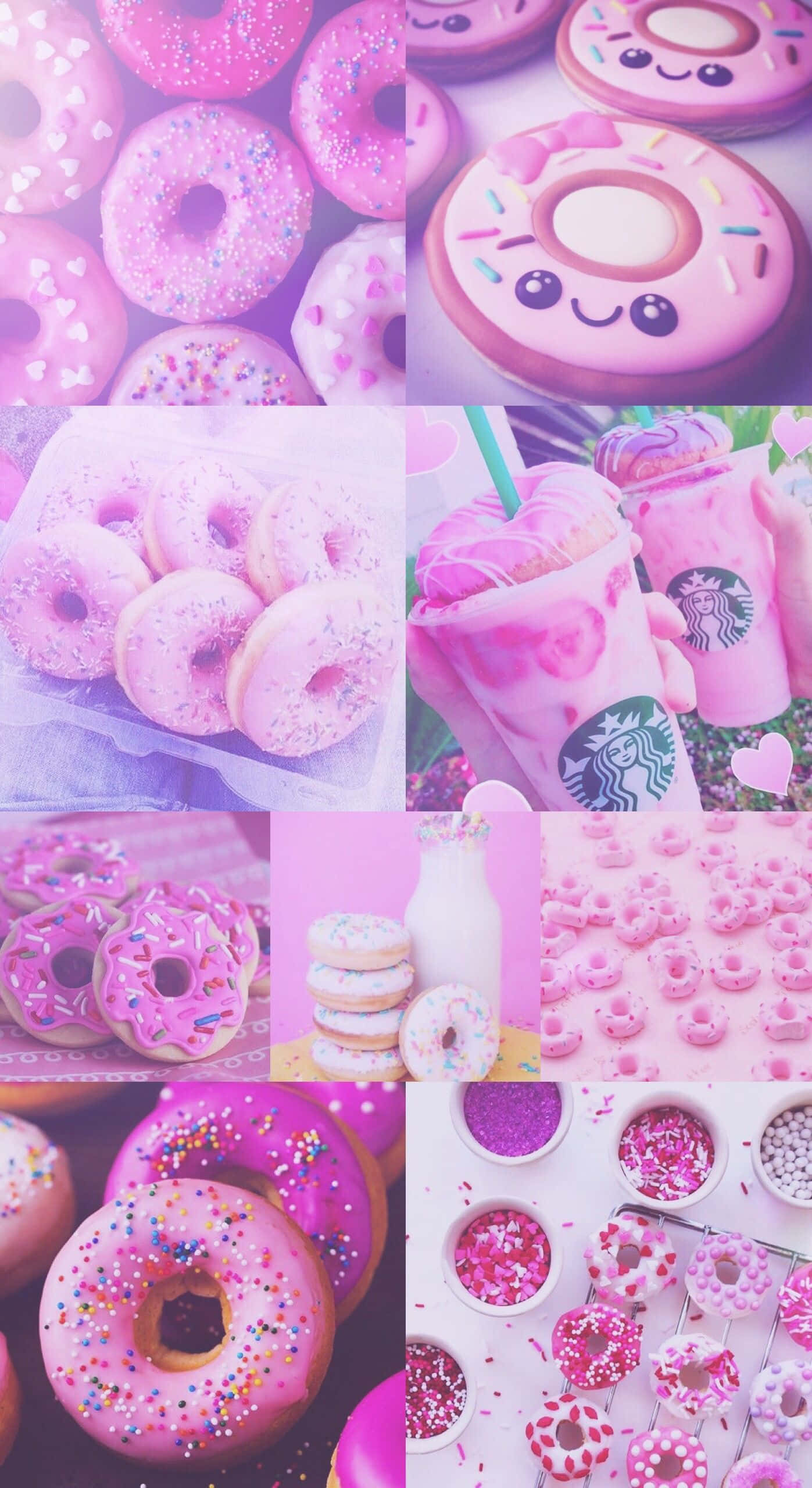 cute donut, pink background, kawaii faces, 2K Phone Wallpaper