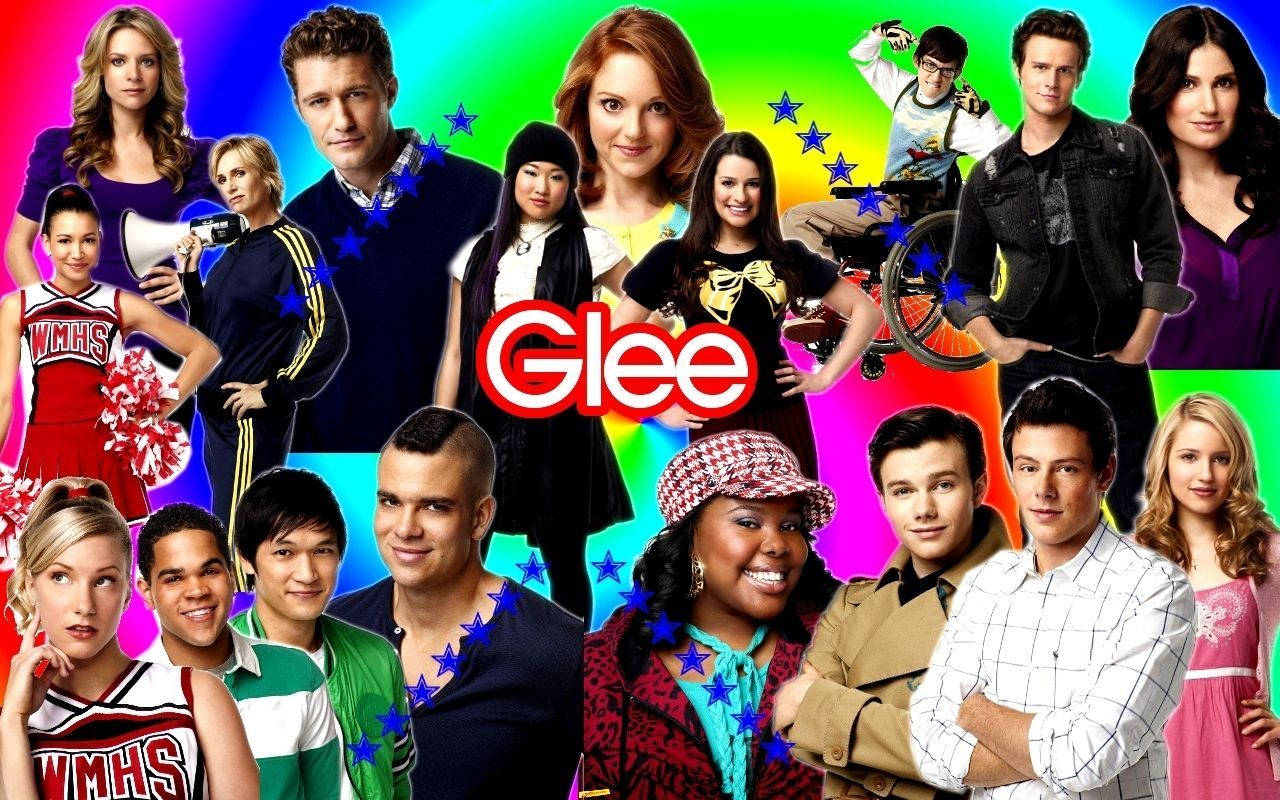 Glee, rainbow background, blue stars, HD Desktop Wallpaper