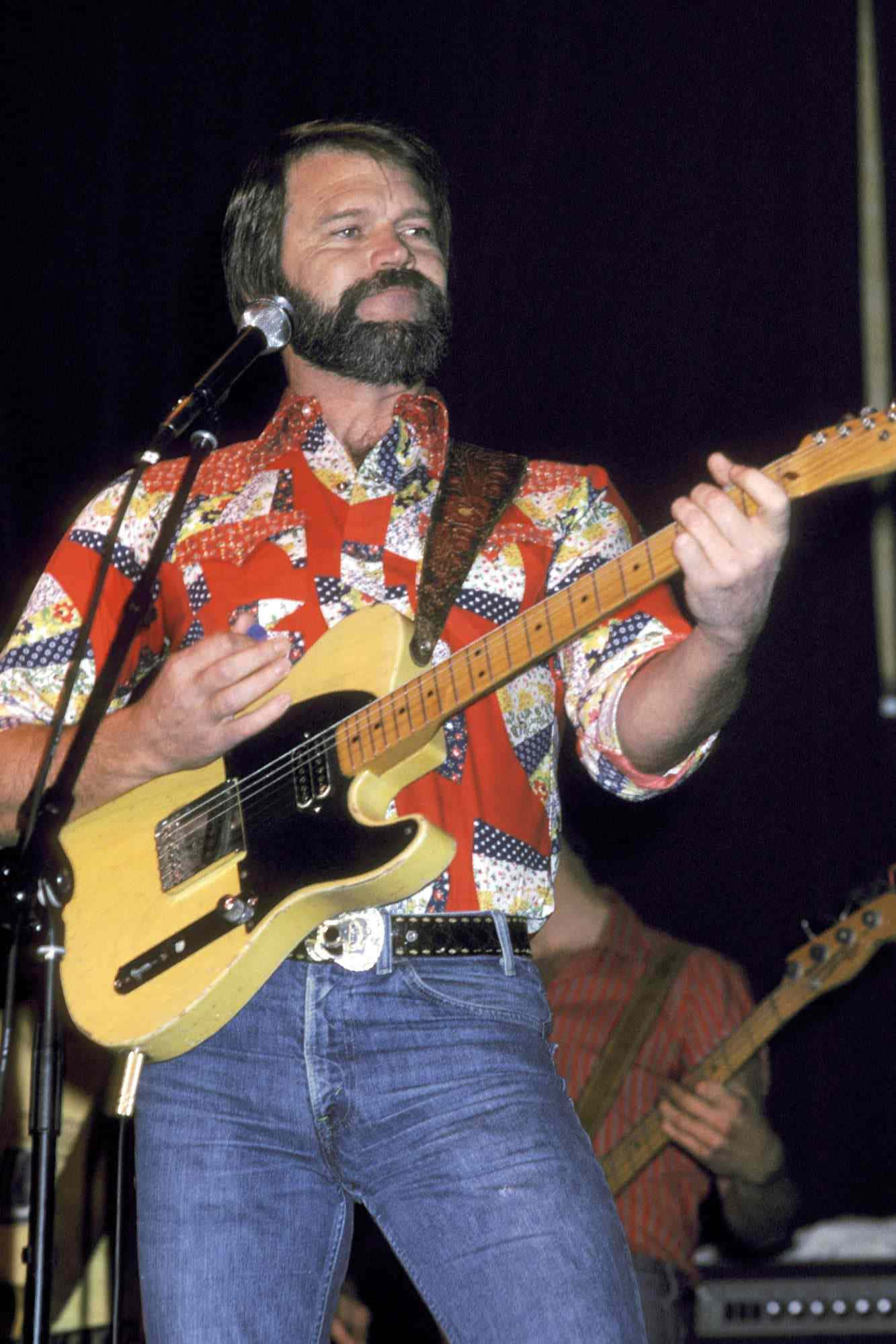 Glen Campbell, yellow electric guitar, colorful patterned shirt, Full HD Phone Wallpaper