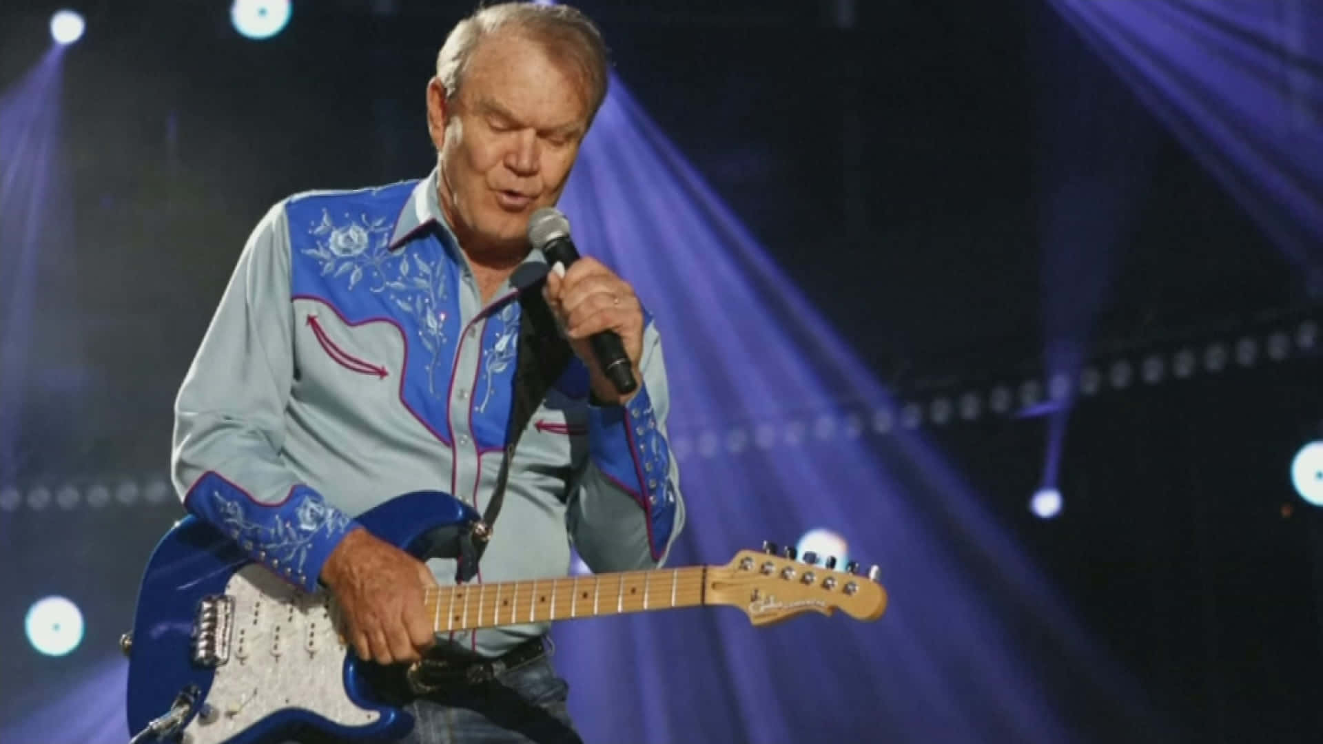 Glen Campbell, blue embroidered shirt, blue electric guitar, Full HD Desktop Wallpaper