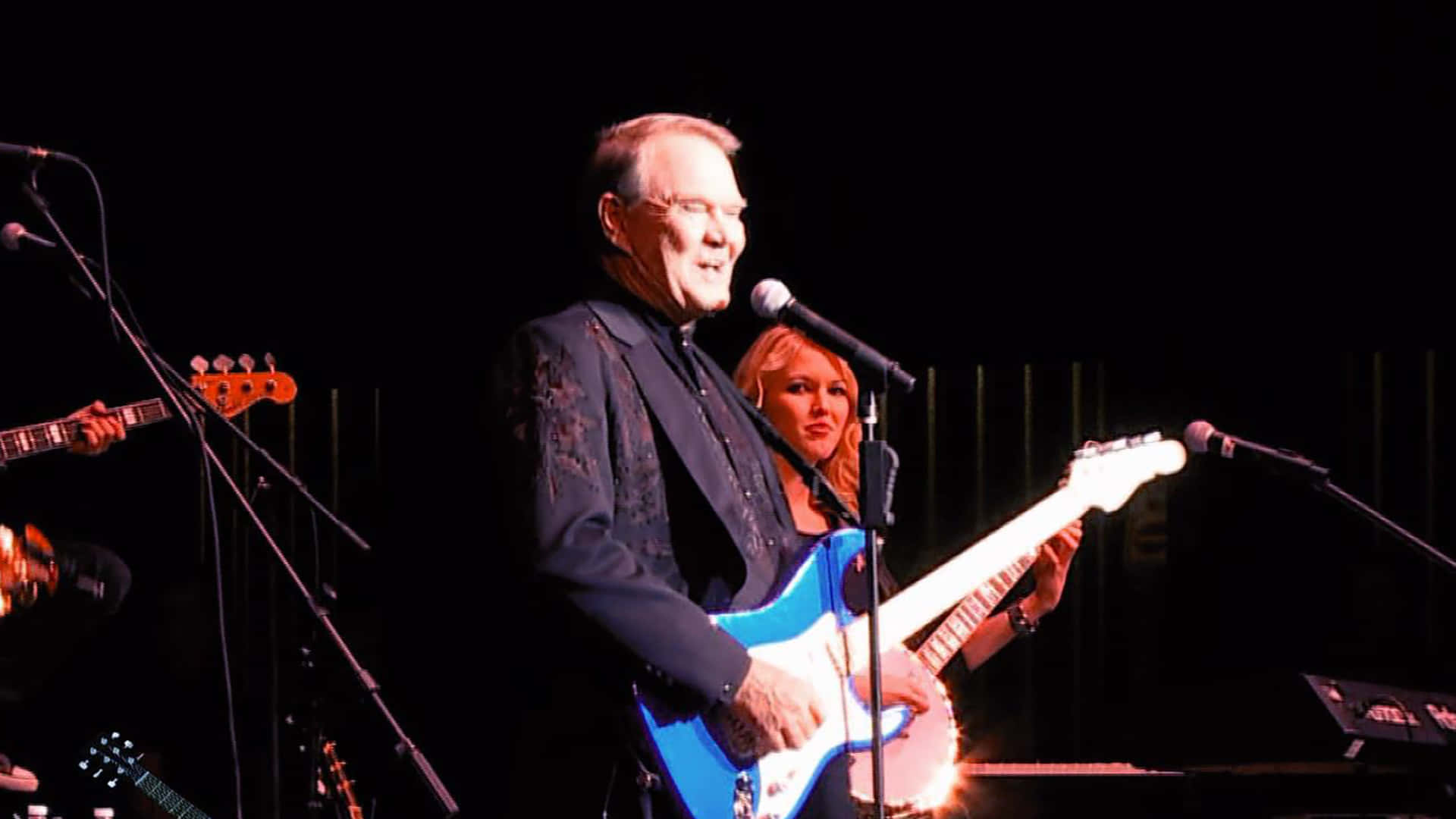 Glen Campbell, dark suit, bright blue electric guitar, Full HD Desktop Wallpaper