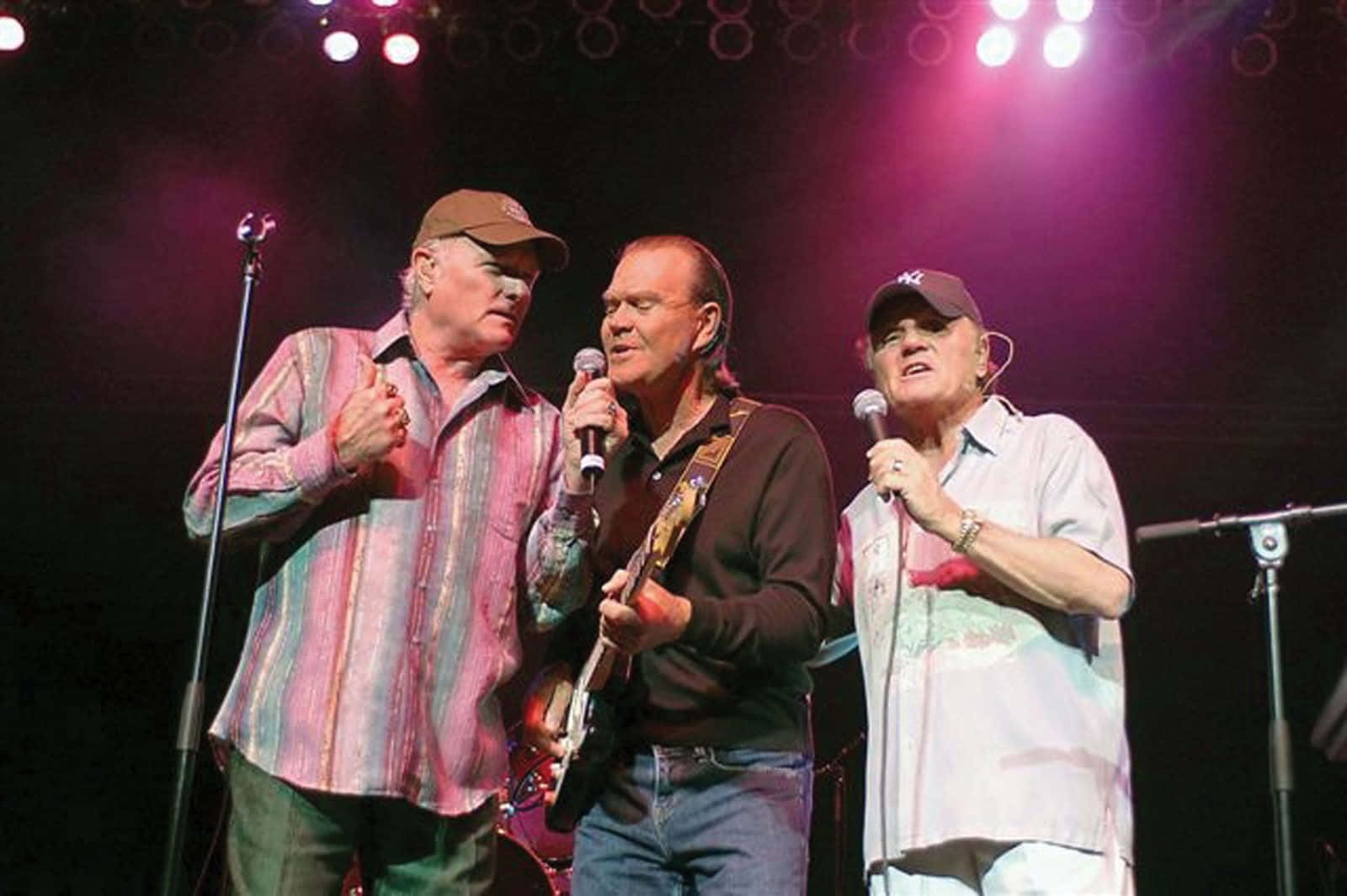 Glen Campbell, performing with friends, pink and white spotlights, HD Desktop Wallpaper