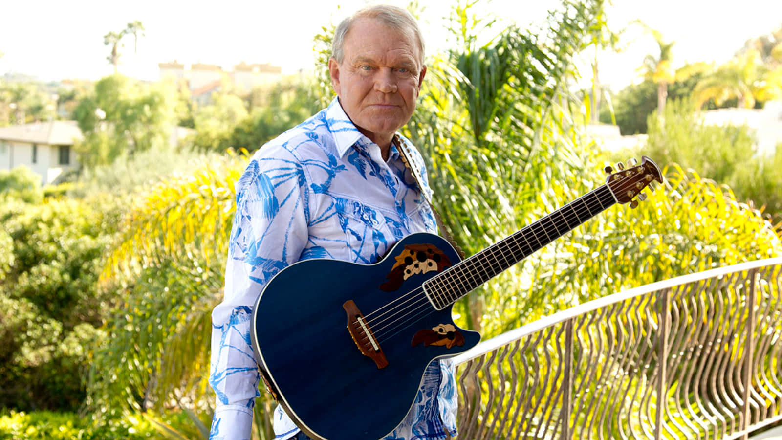 Glen Campbell, blue acoustic guitar, sunlit outdoor balcony, HD Desktop Wallpaper