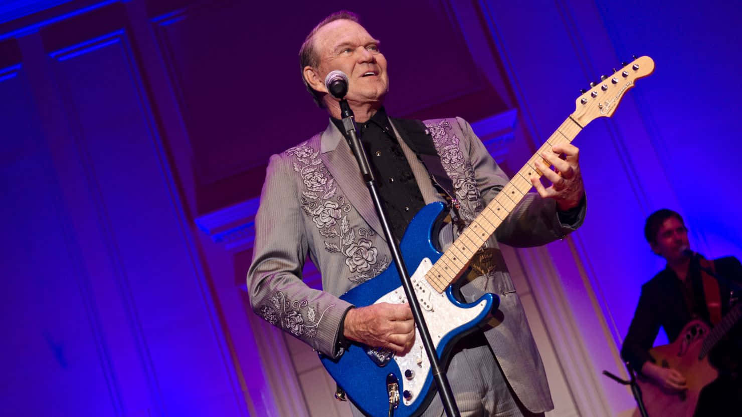 Glen Campbell, blue electric guitar, purple lit stage, HD Desktop Wallpaper