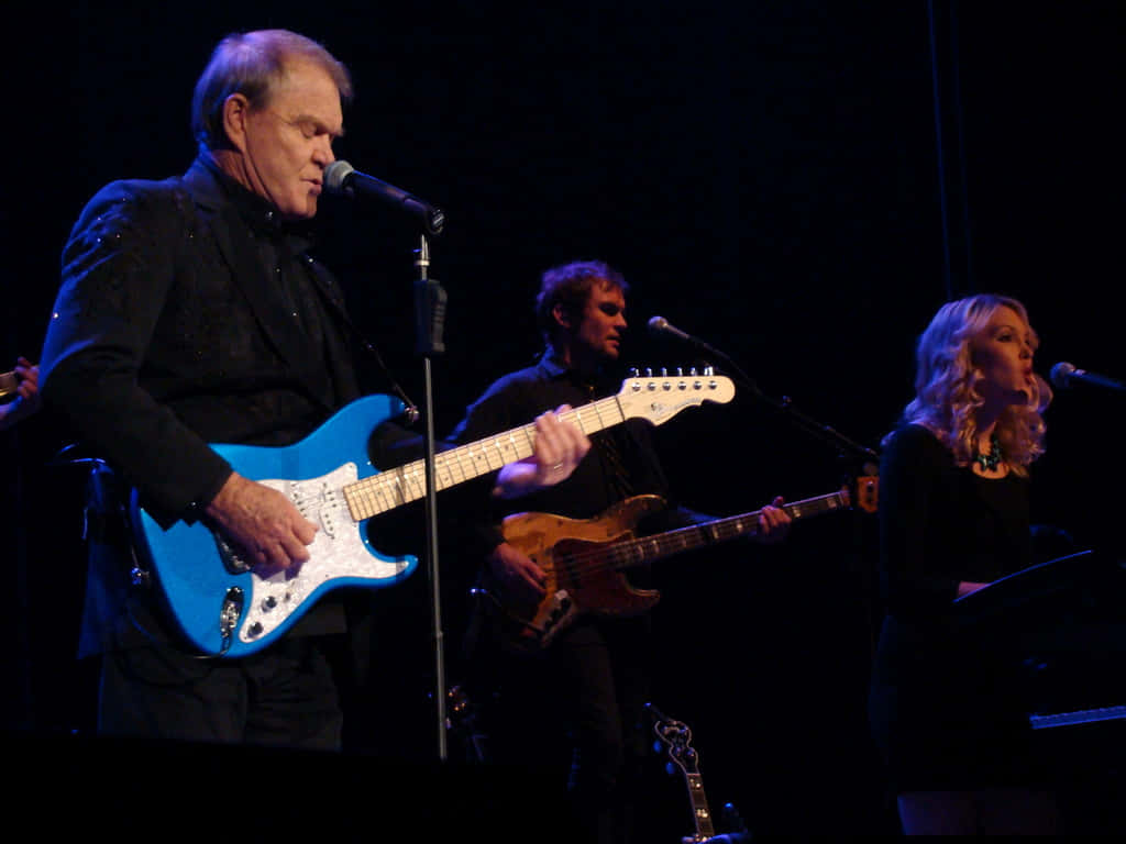 Glen Campbell, bright blue electric guitar, live on stage, SD Desktop Wallpaper
