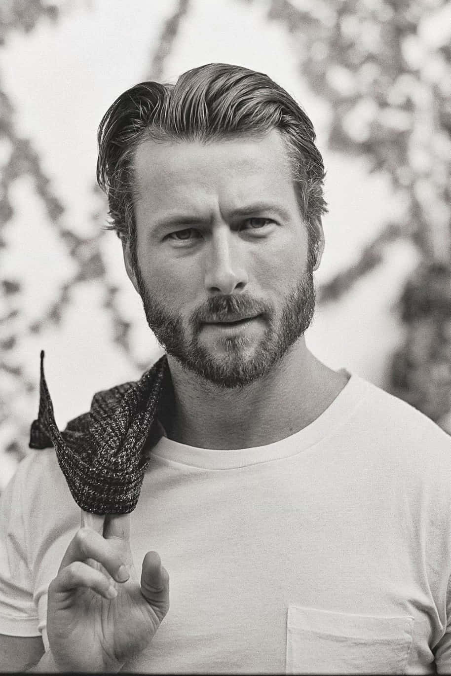 Glen Powell, black and white portrait, bearded man, HD Phone Wallpaper