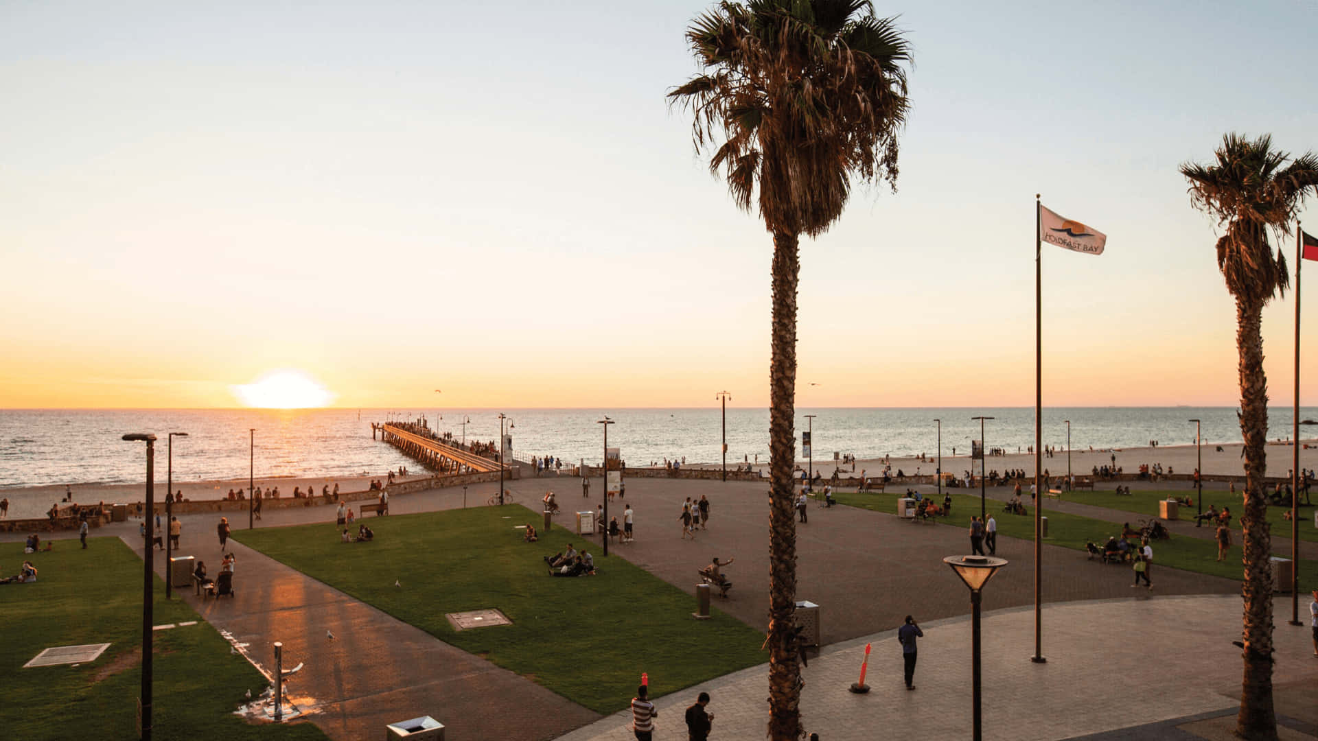 Glenelg Beach, sunset, promenade, Full HD Desktop Wallpaper