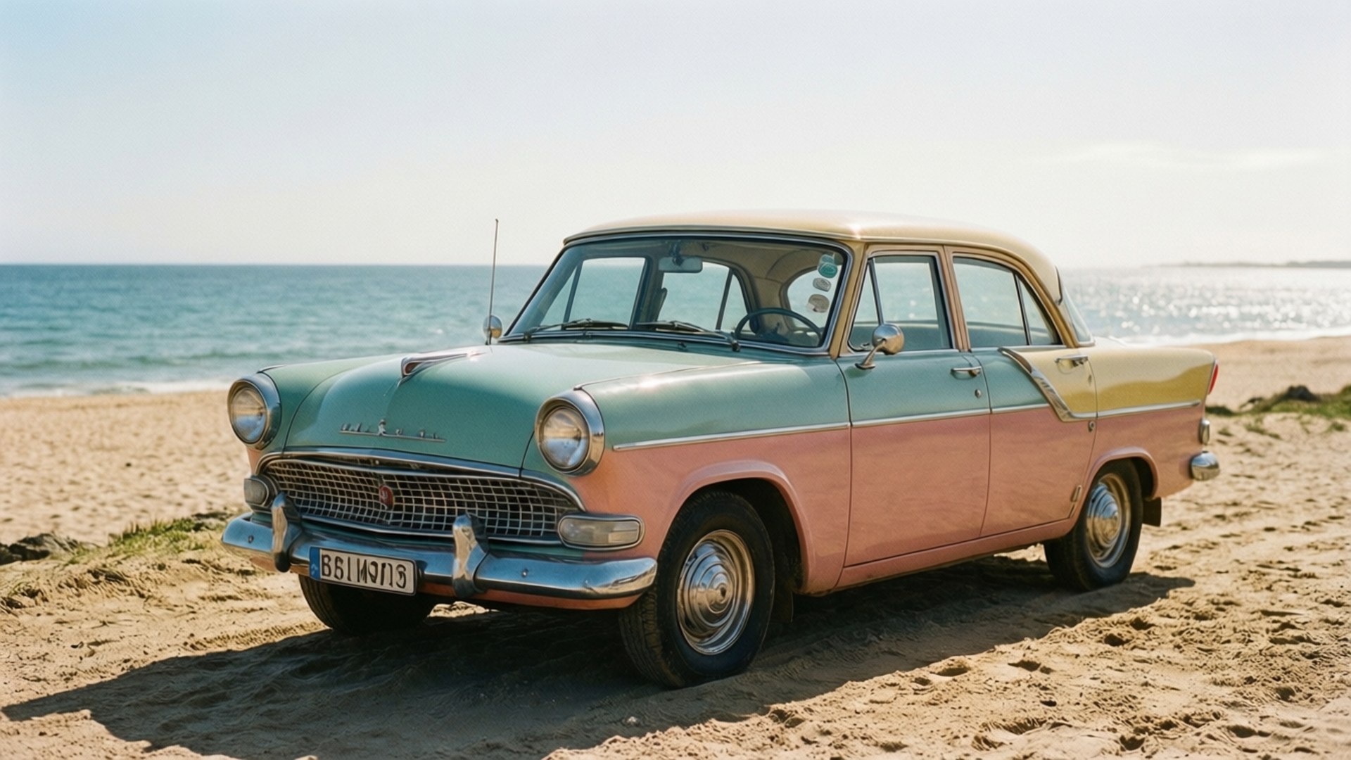Glenelg beach, vintage car, retro feel, Full HD Desktop Wallpaper
