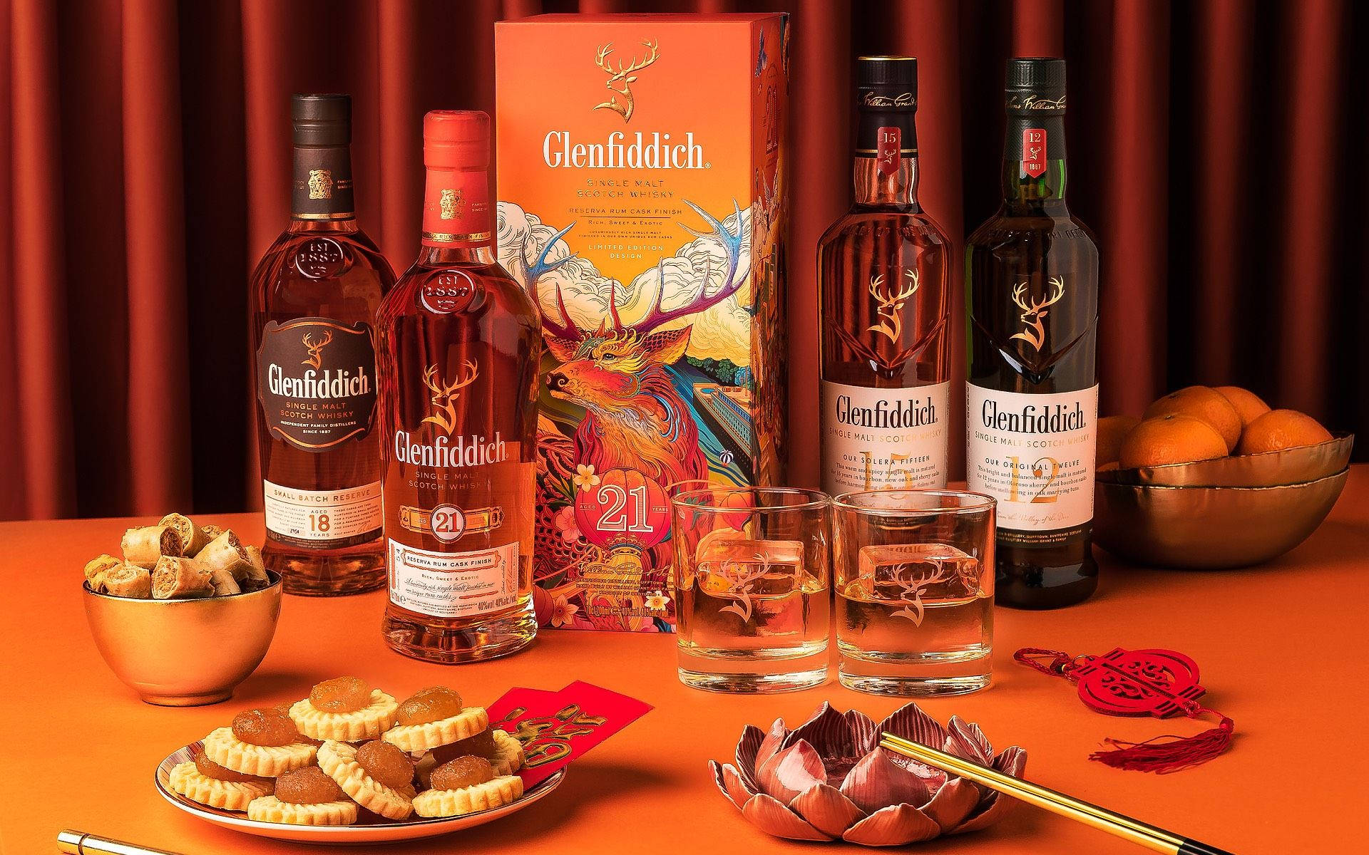 Glenfiddich, whisky bottles, vibrant orange table, Full HD Desktop Wallpaper