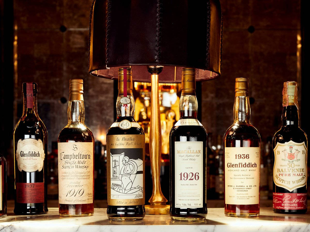 Glenfiddich, vintage whisky bottles, marble shelf, SD Desktop Wallpaper