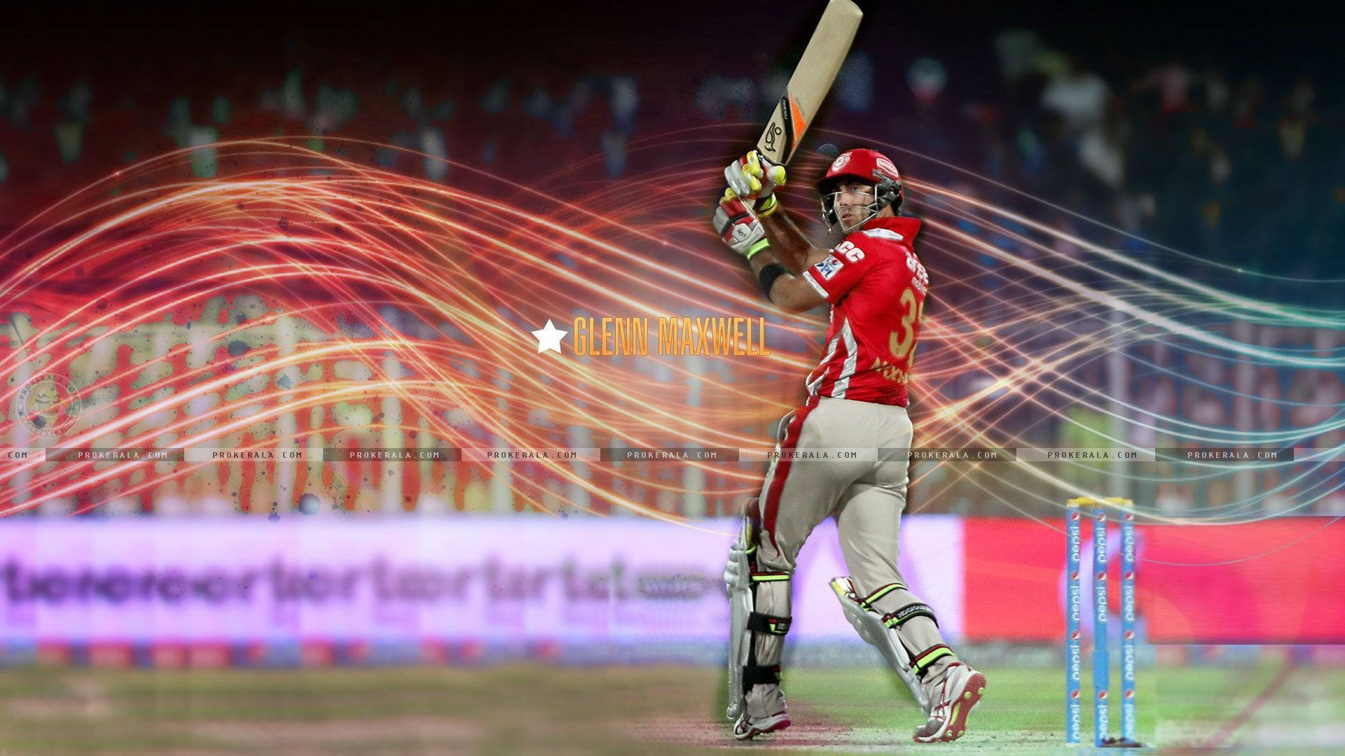 Glenn Maxwell, red jersey, glowing streaks of light, Full HD Desktop Wallpaper