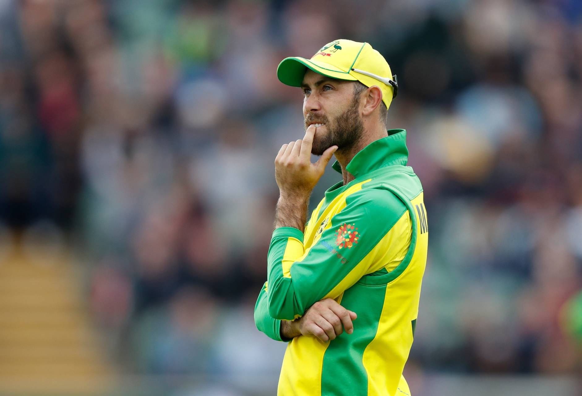 Glenn Maxwell, green and yellow uniform, stadium crowd, HD Desktop Wallpaper