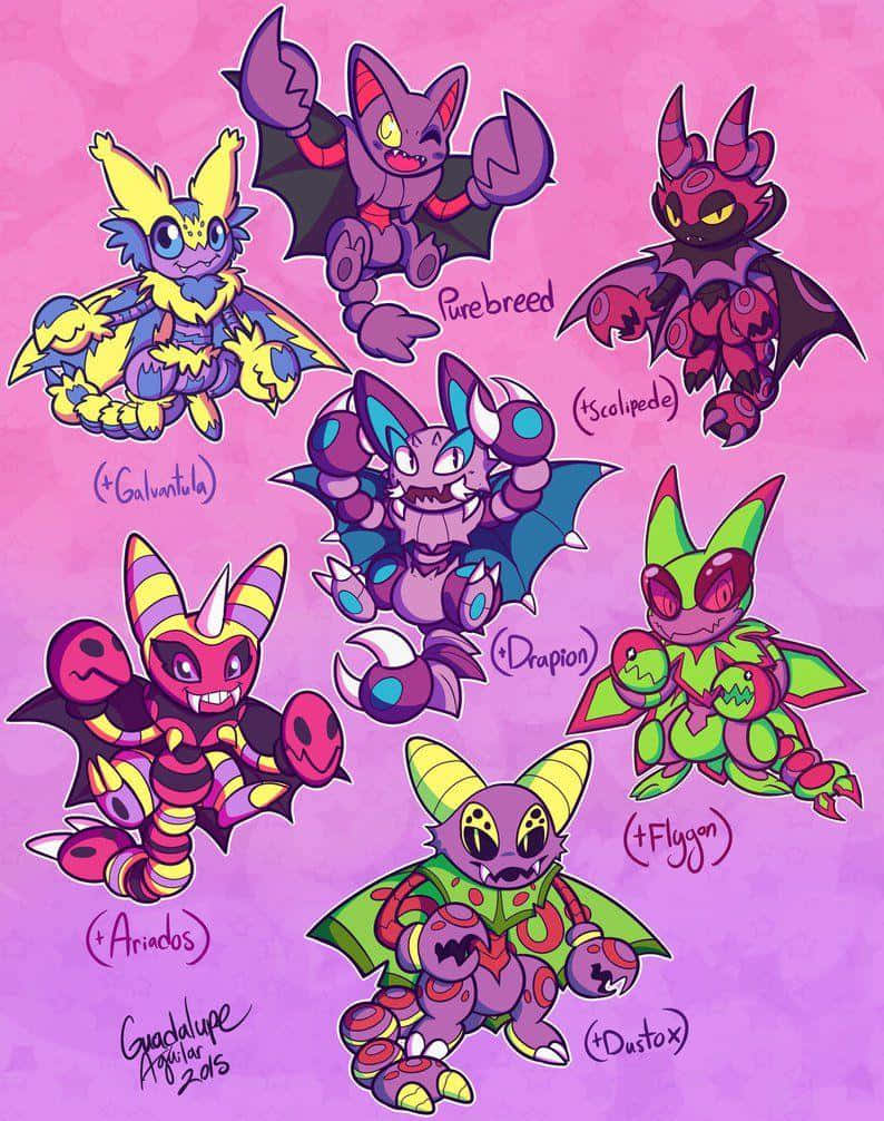 Gligar, colorful cartoon bat-like creatures, soft pink gradient background, SD Phone Wallpaper