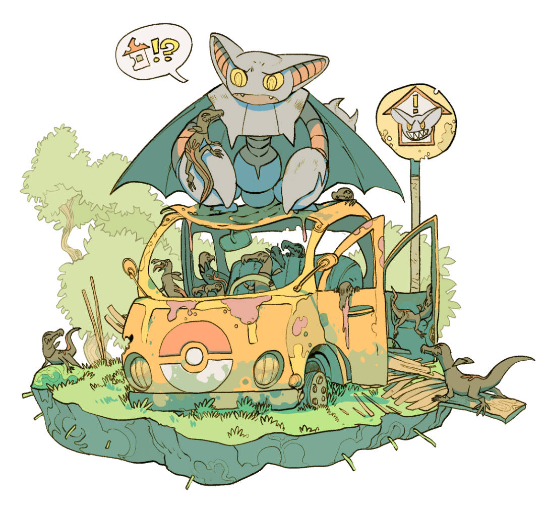 Gliscor, wrecked yellow car, Pokémon symbols, SD Desktop Wallpaper
