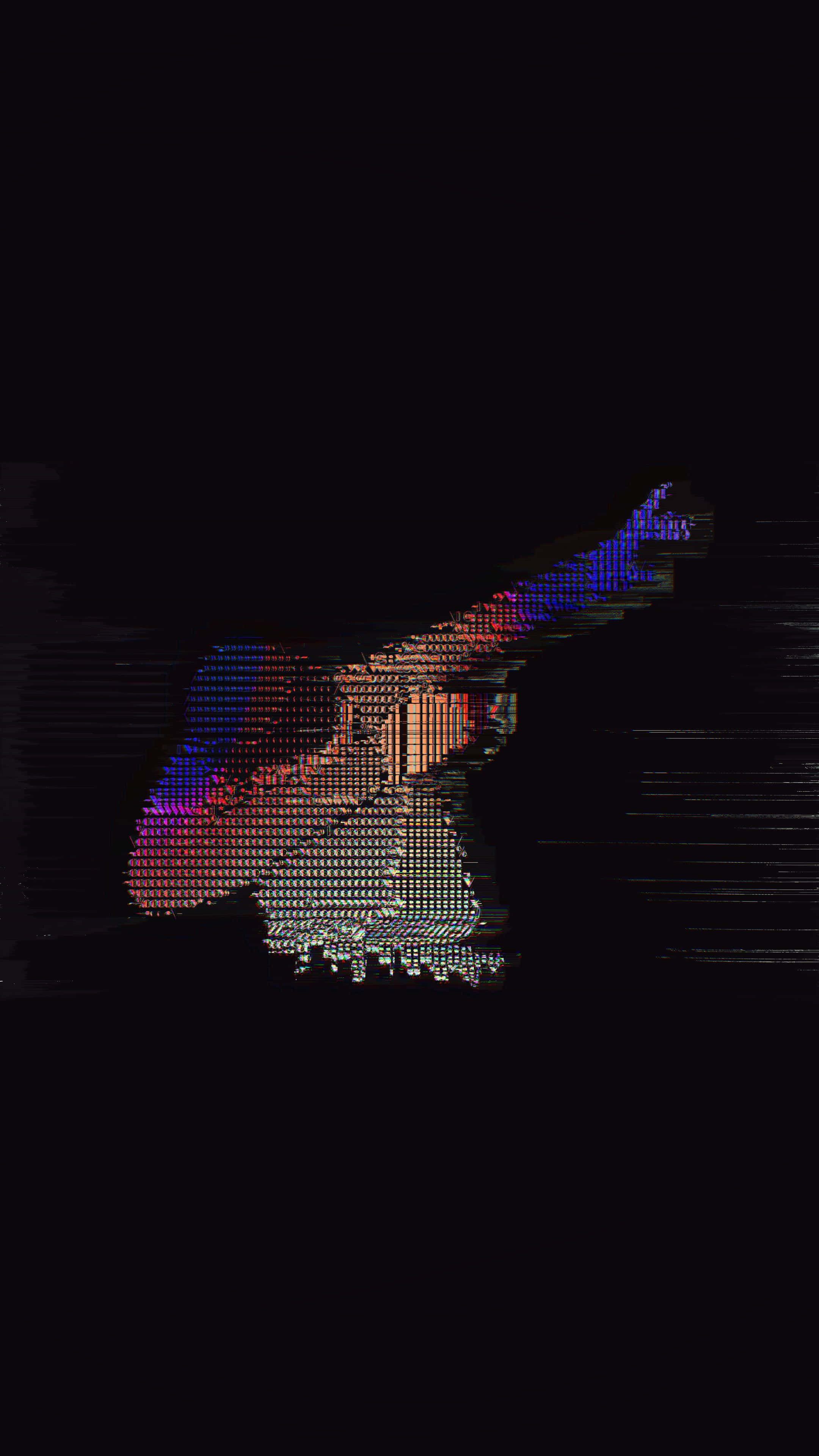 black glitch, glitching pixelated guitar silhouette, rainbow hues, 4K Phone Wallpaper
