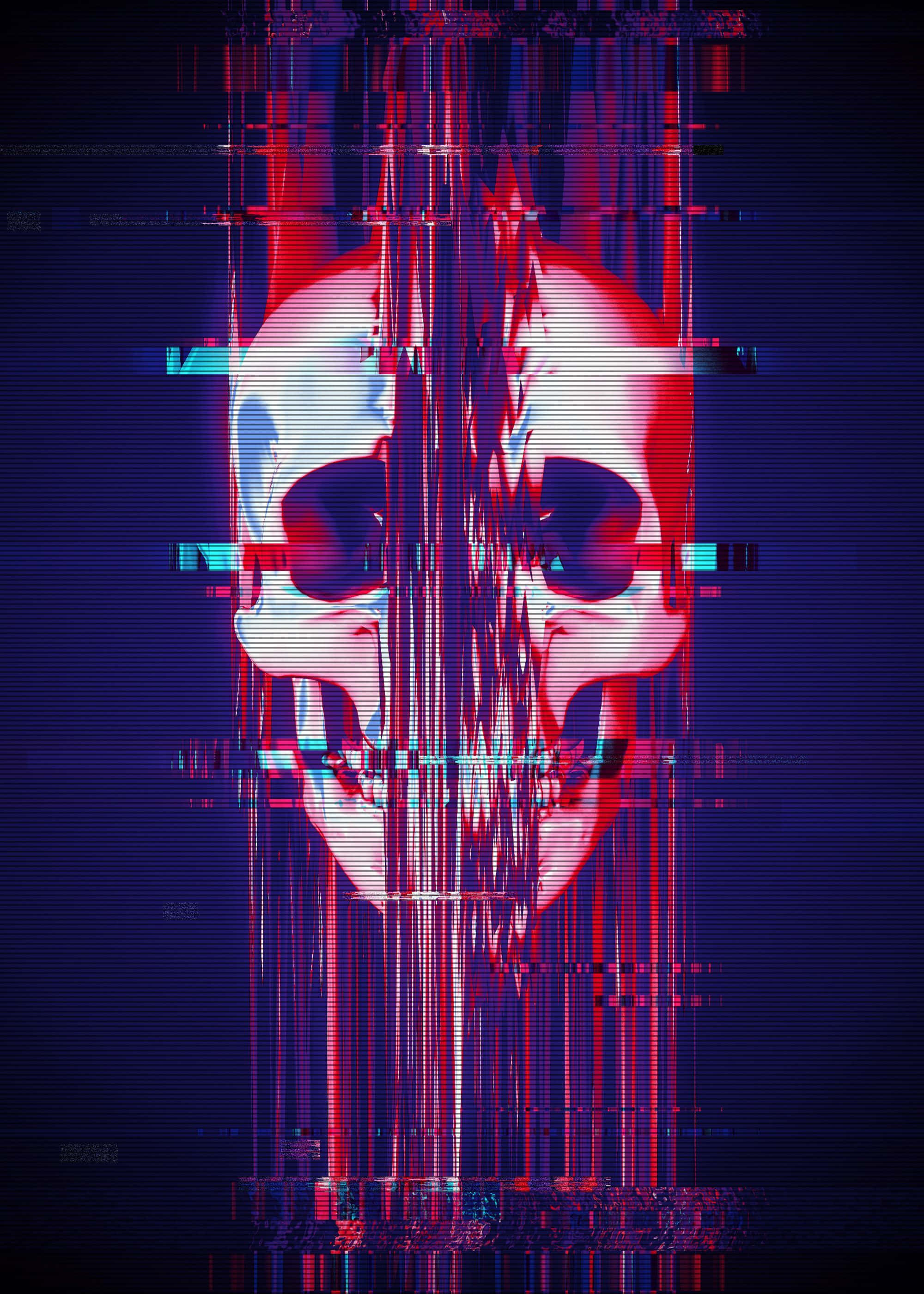 Glitch Effect, skull, red and blue static lines, 2K Phone Wallpaper