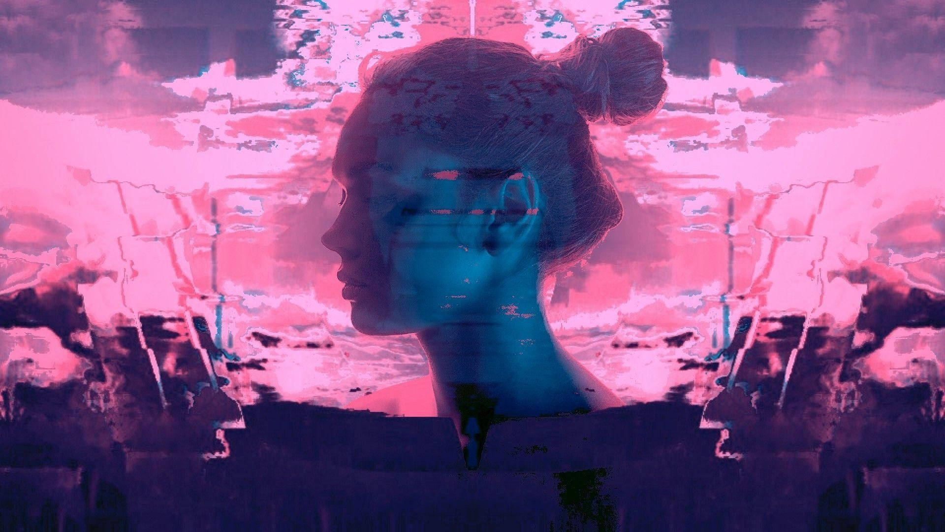 Japanese Aesthetic Glitch Girl, blue, fractured pink and purple digital background, Full HD Desktop Wallpaper