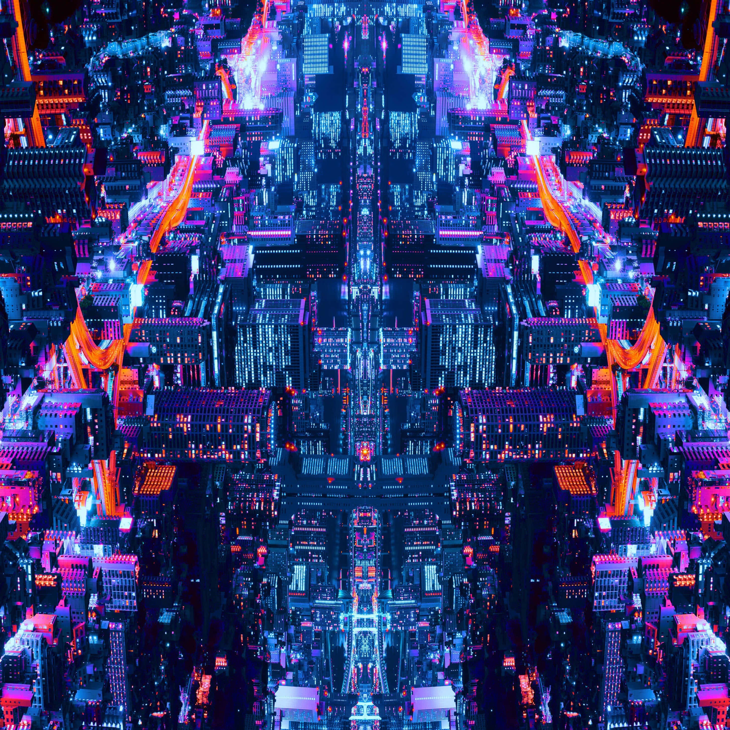 Glitch Effect, cyberpunk cityscape, neon blue, 2K Desktop Wallpaper