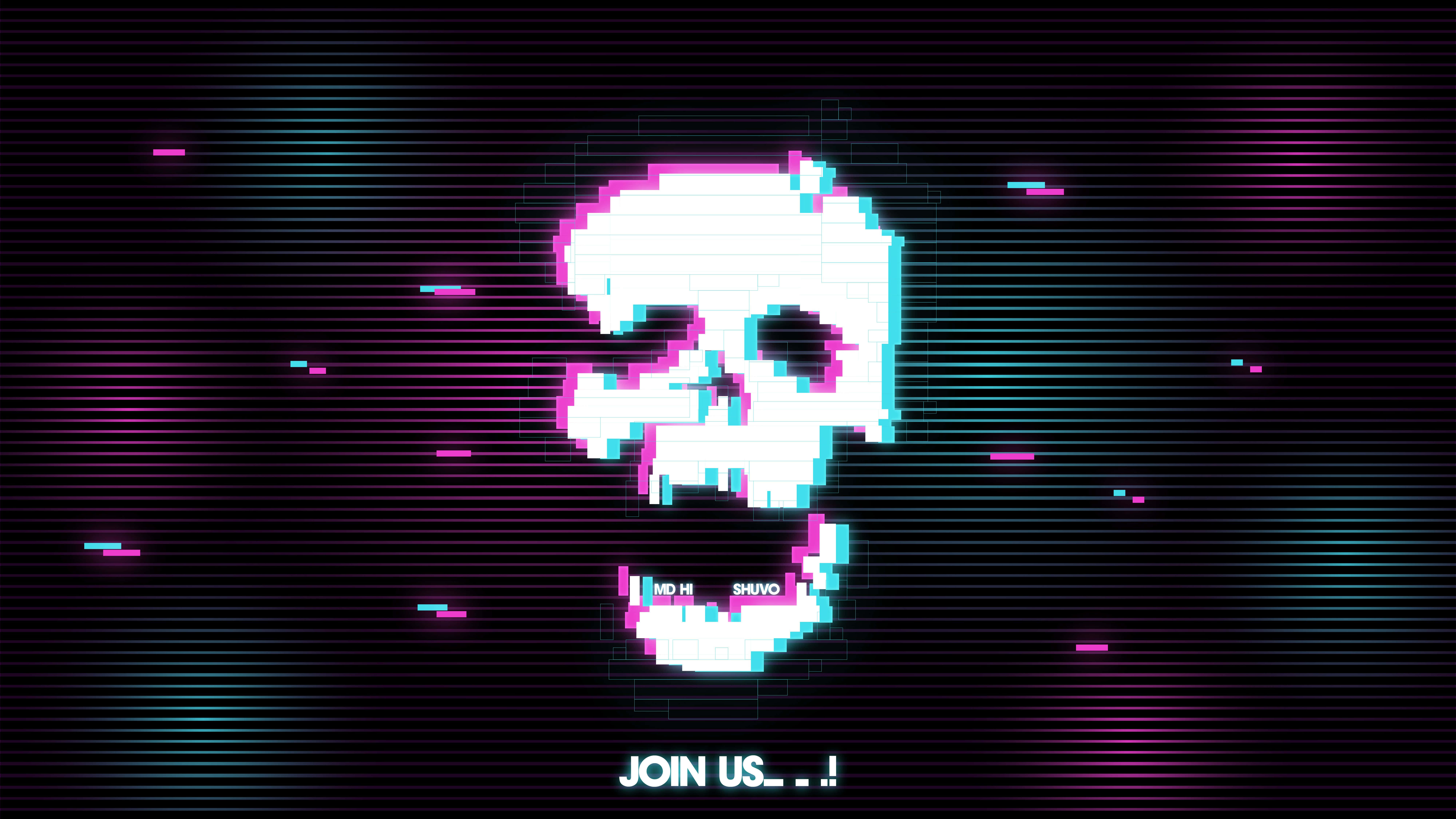 Glitch Effect, pixelated skull, cyan and magenta distortion, 8K Desktop Wallpaper