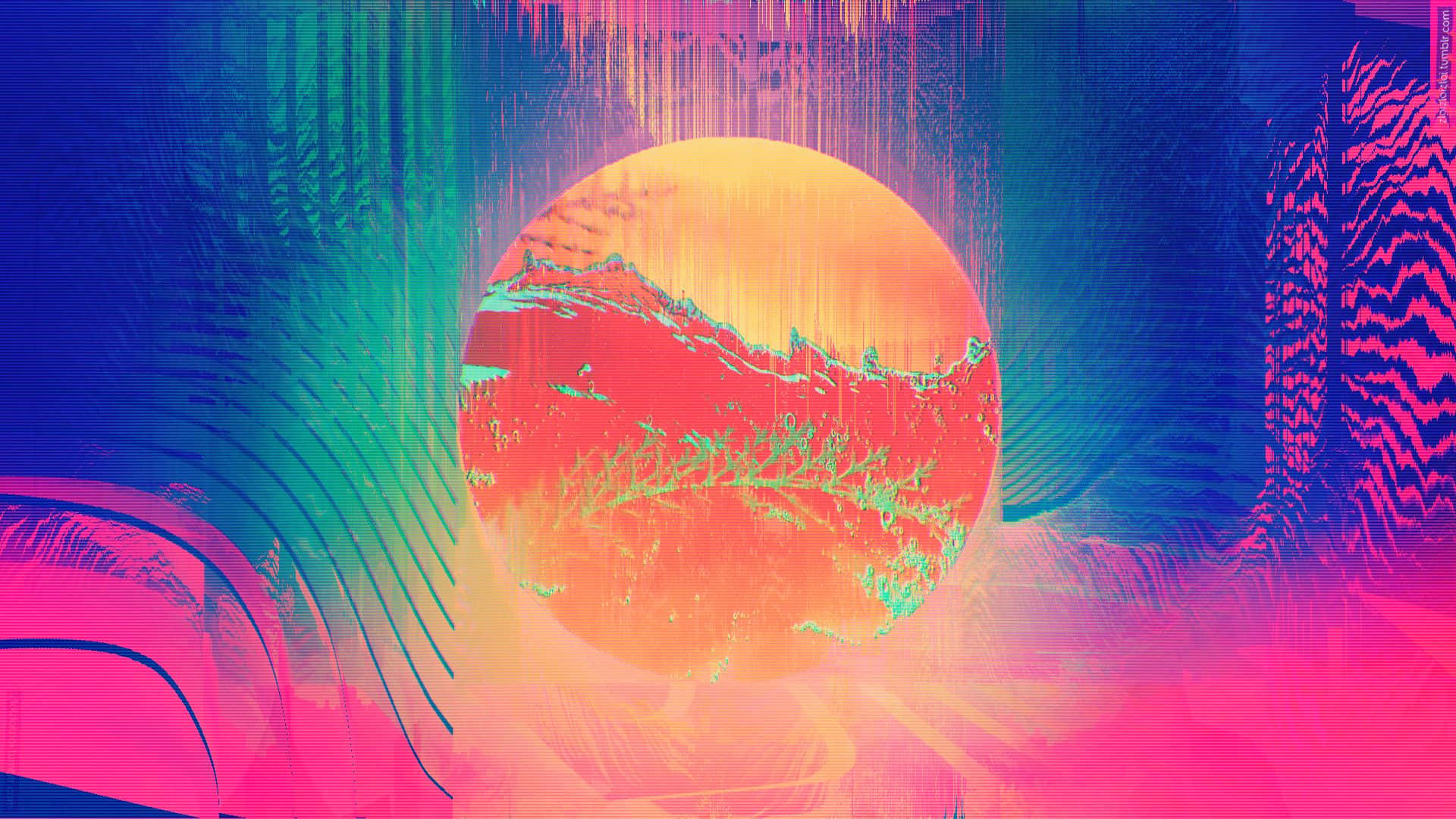 Glitch Effect, orange sphere, green mountain ridges, Full HD Desktop Wallpaper