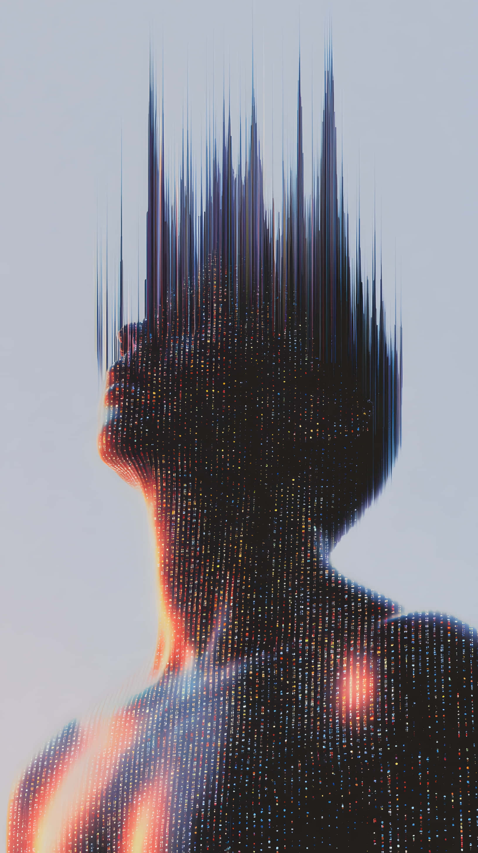 digital portrait, glitch hair, upward gaze, 2K Phone Wallpaper