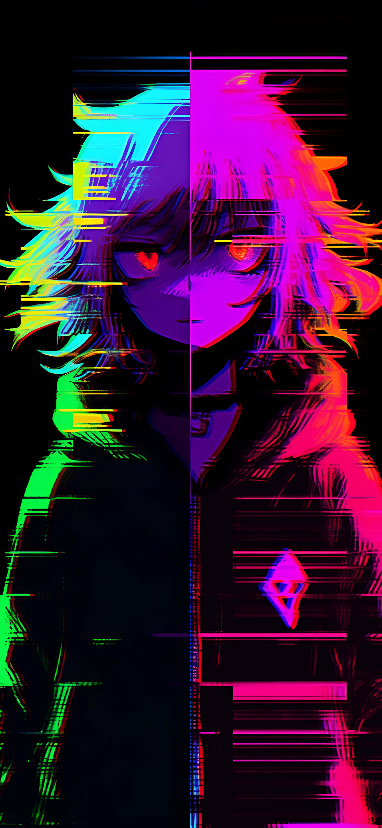 glitch aesthetic anime character, cyan, green, 2K Phone Wallpaper