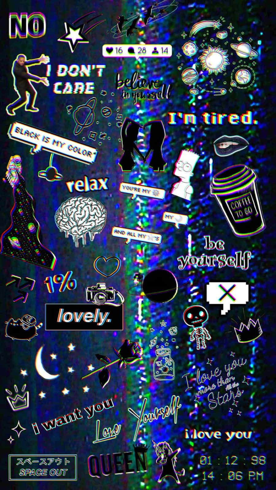 holographic, neon text stickers, cartoon icons, HD Phone Wallpaper