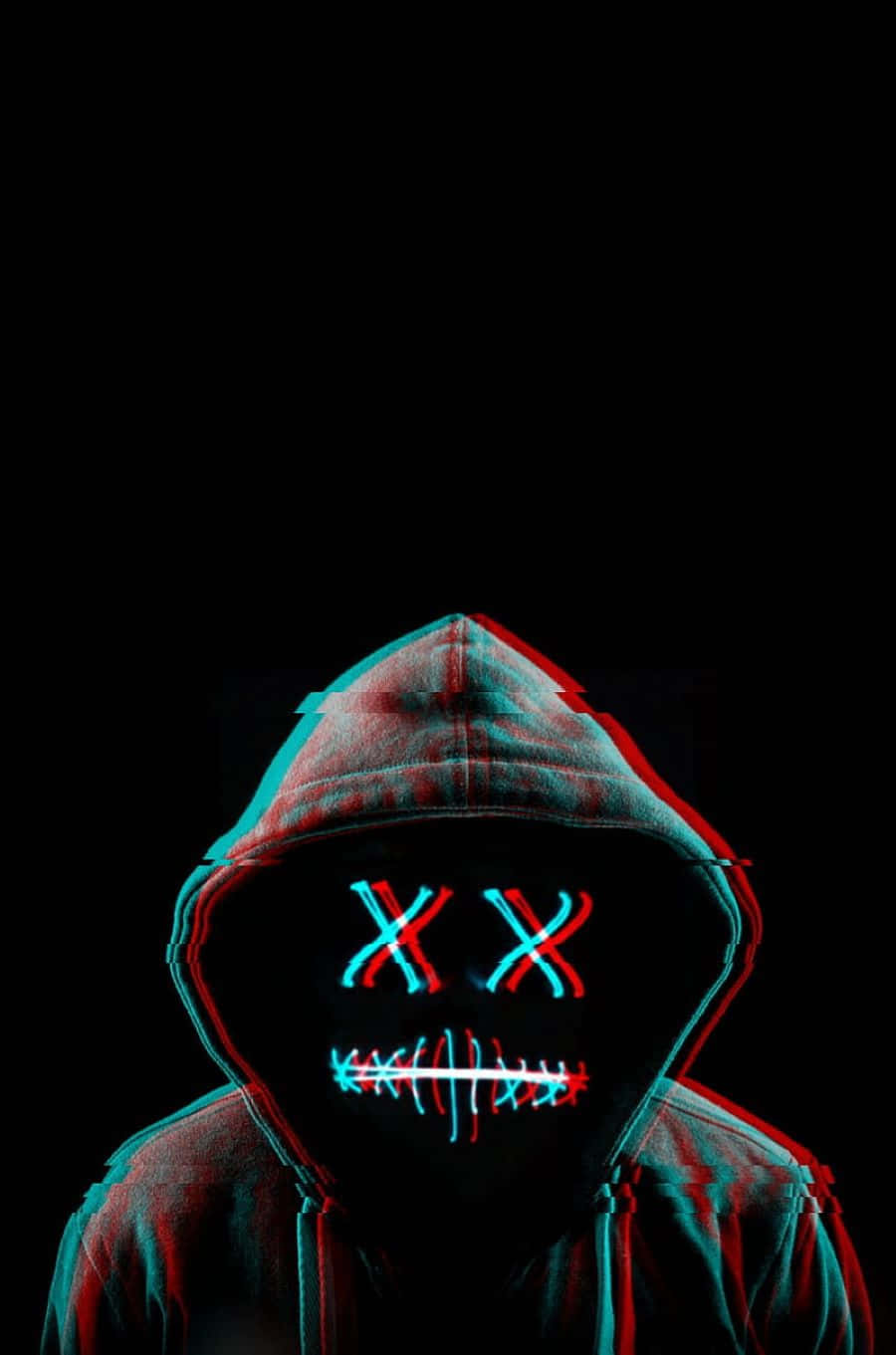 glitch, hooded figure, glowing red and blue LED eyes, HD Phone Wallpaper