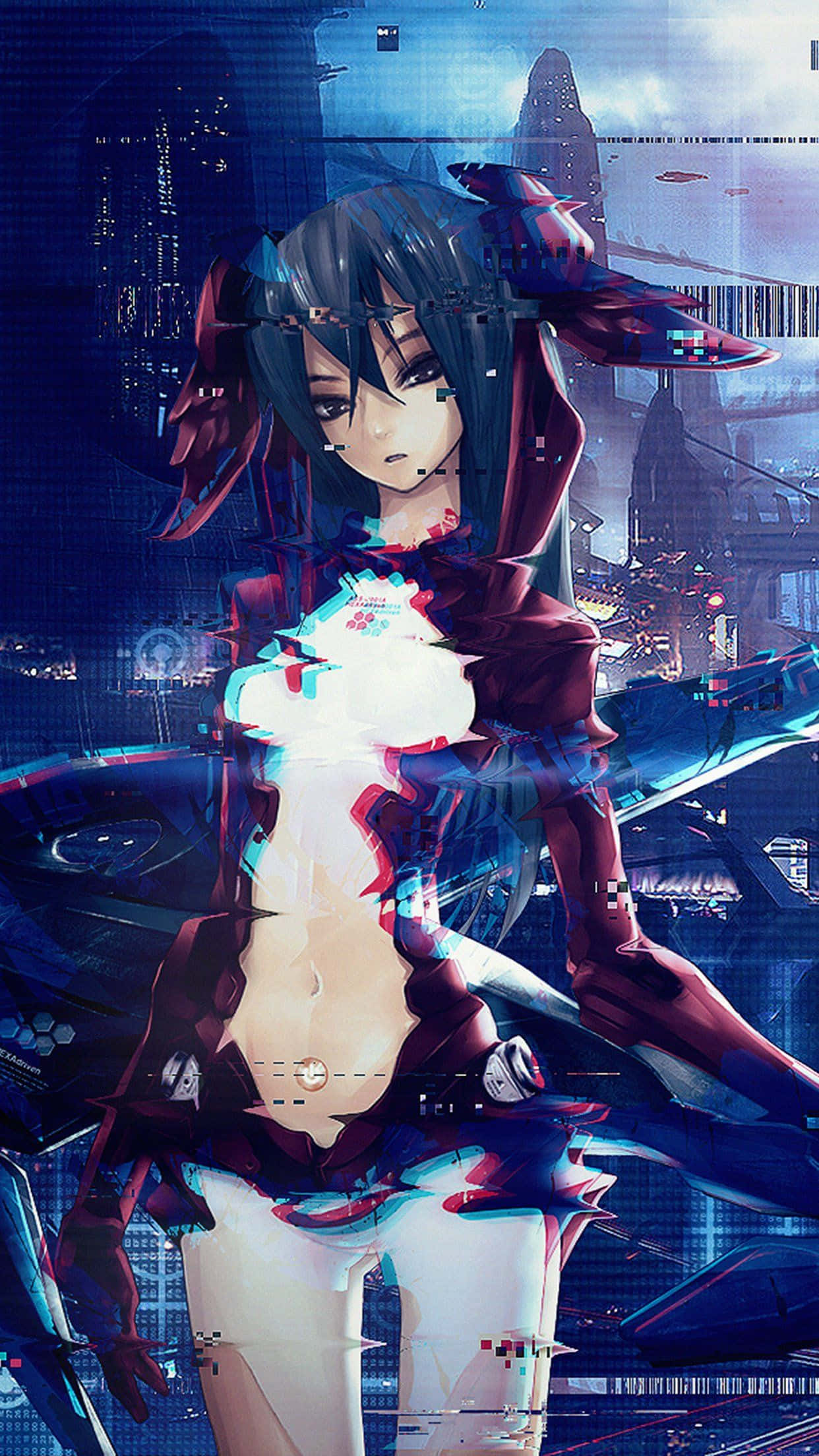 anime girl, dark hair, futuristic cityscape, Full HD Phone Wallpaper