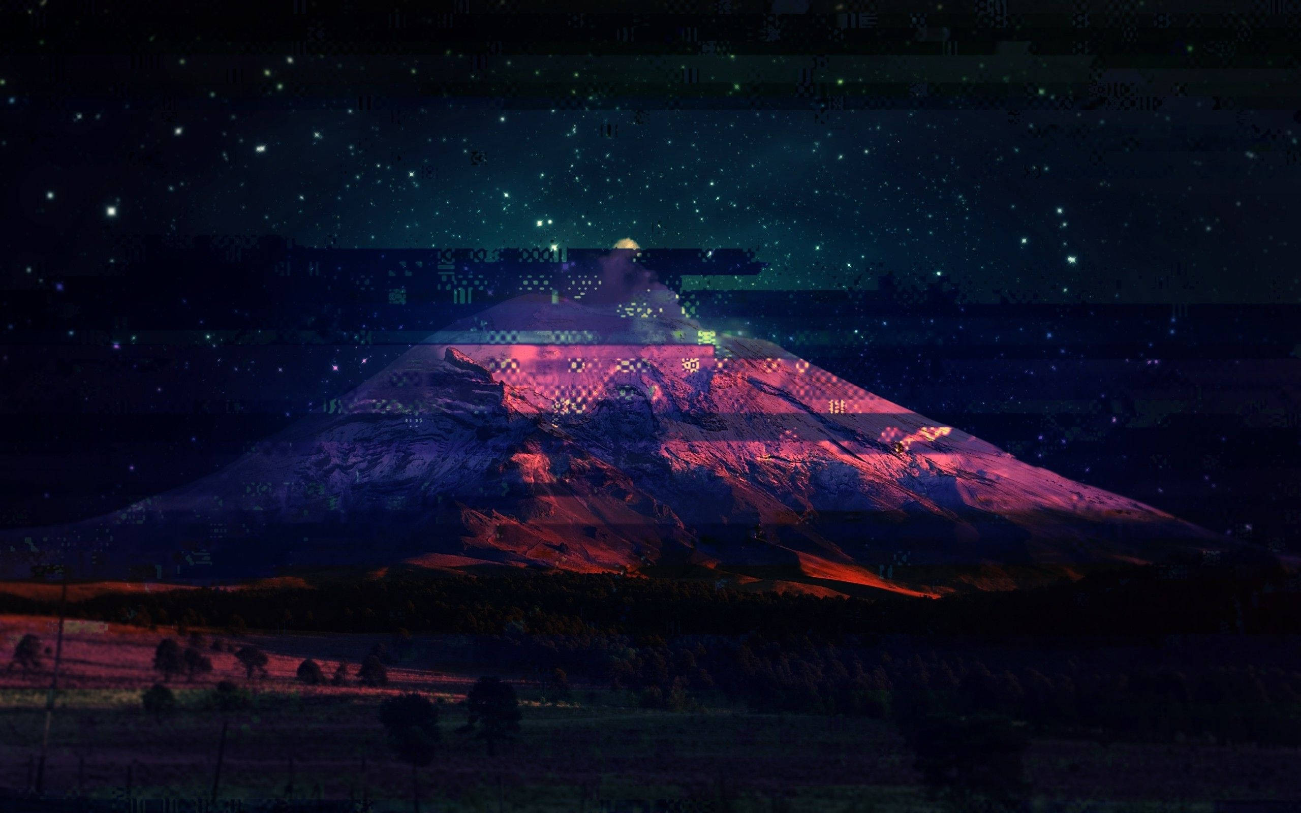 mountain, starry night sky, digital glitch art, 2K Desktop Wallpaper