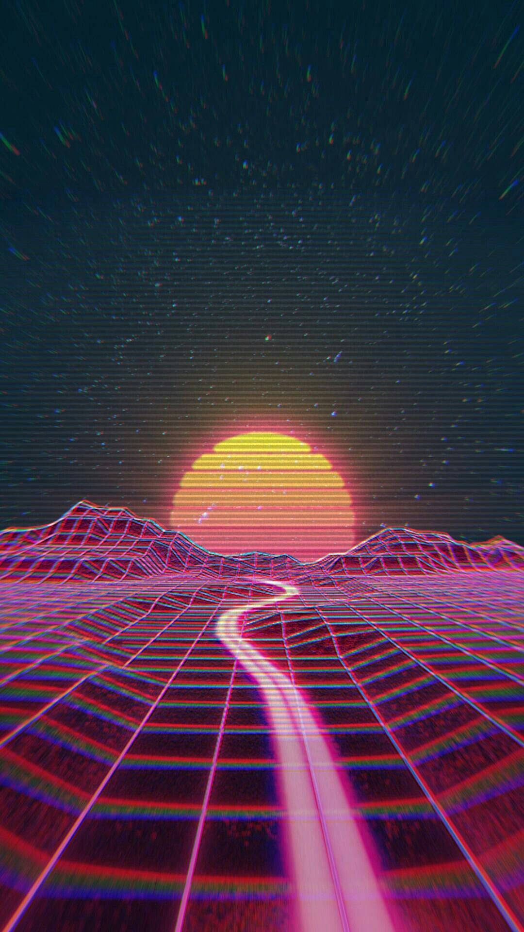 neon grid road, retrofuturistic mountains, glowing sunset, Full HD Phone Wallpaper