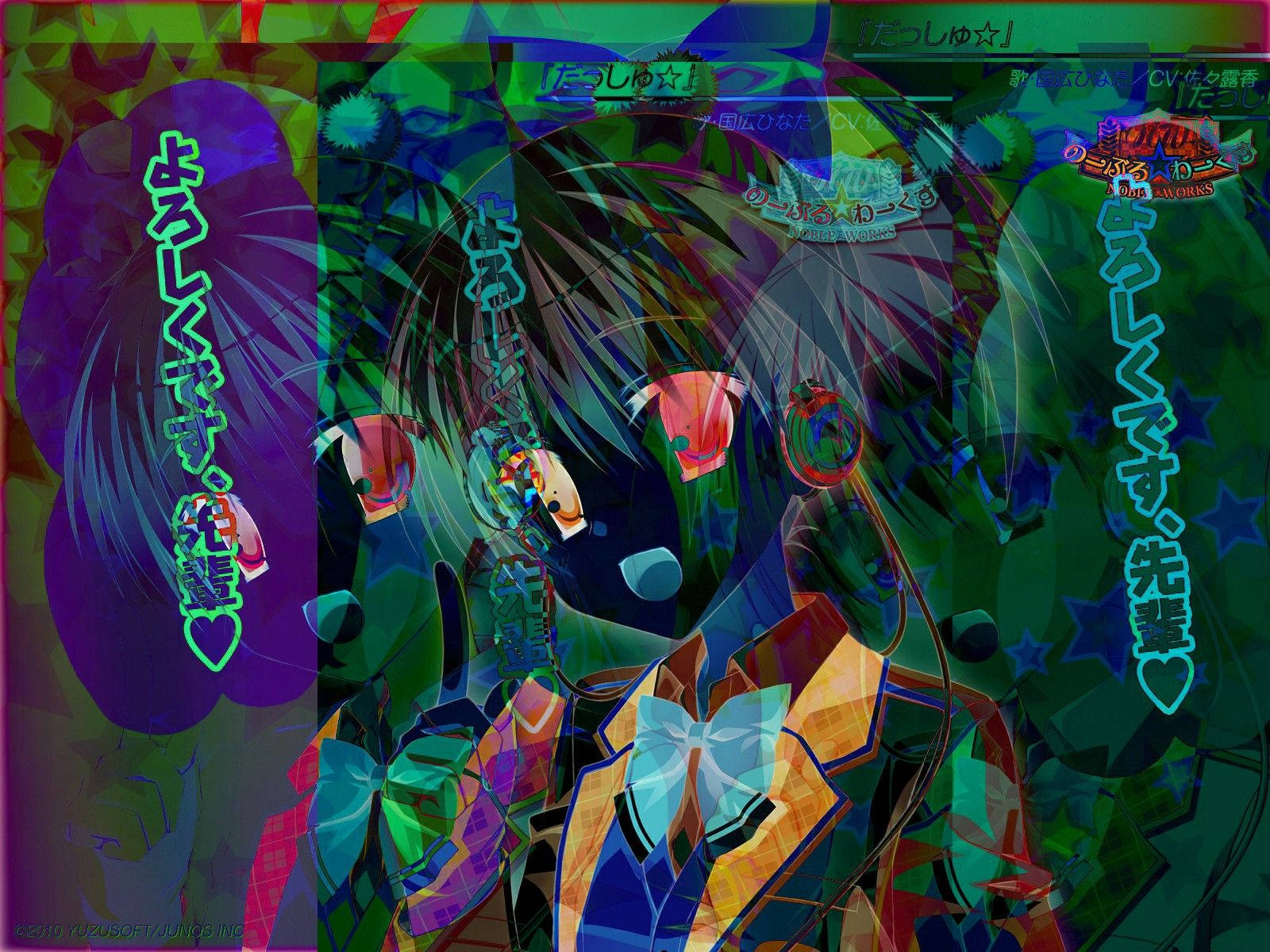 glitchcore, kaleidoscopic green purple background, anime girl, HD Desktop Wallpaper