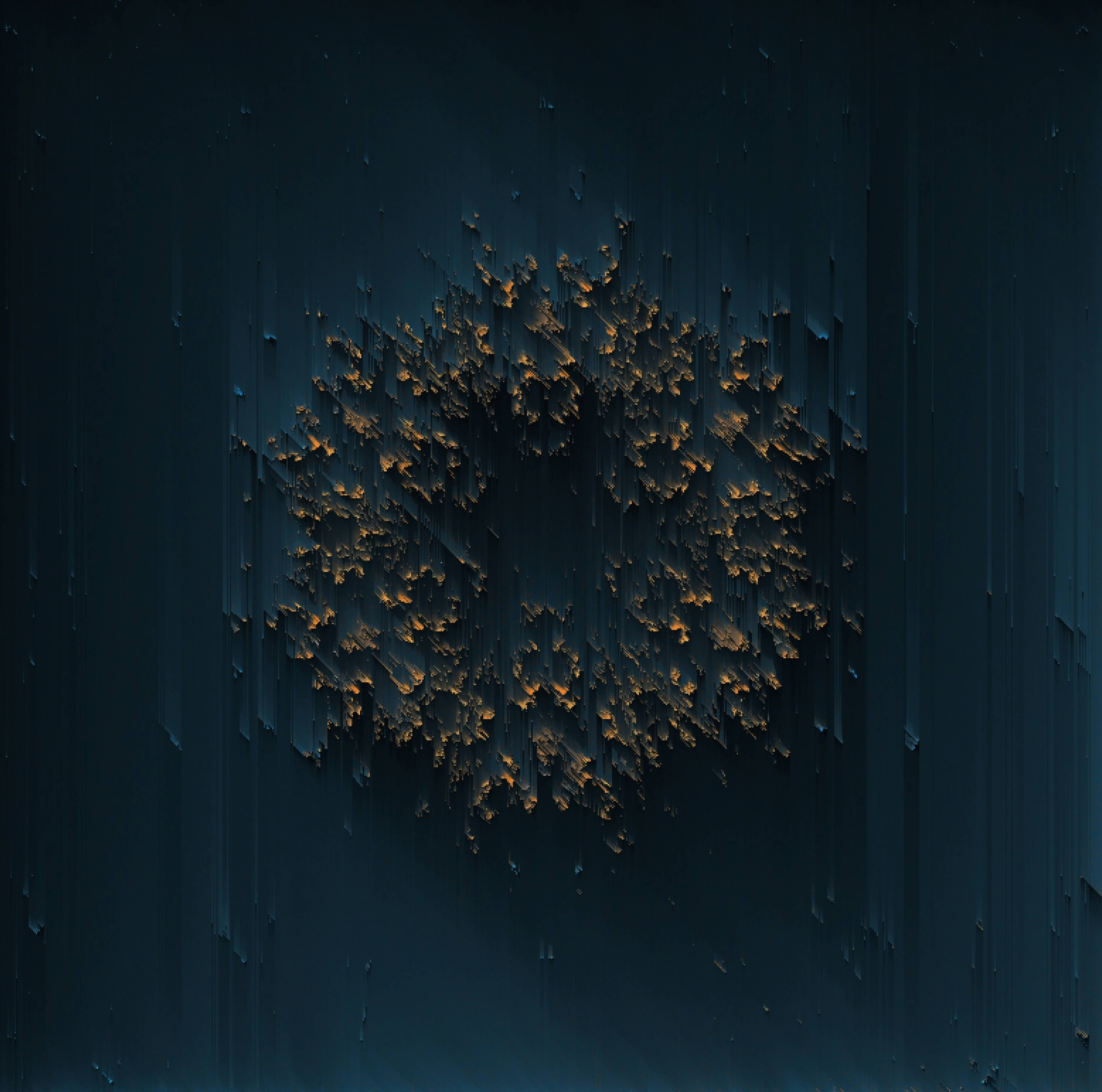 3D Glitch Art, glowing golden fractal cluster, dark teal digital void, 5K Desktop Wallpaper