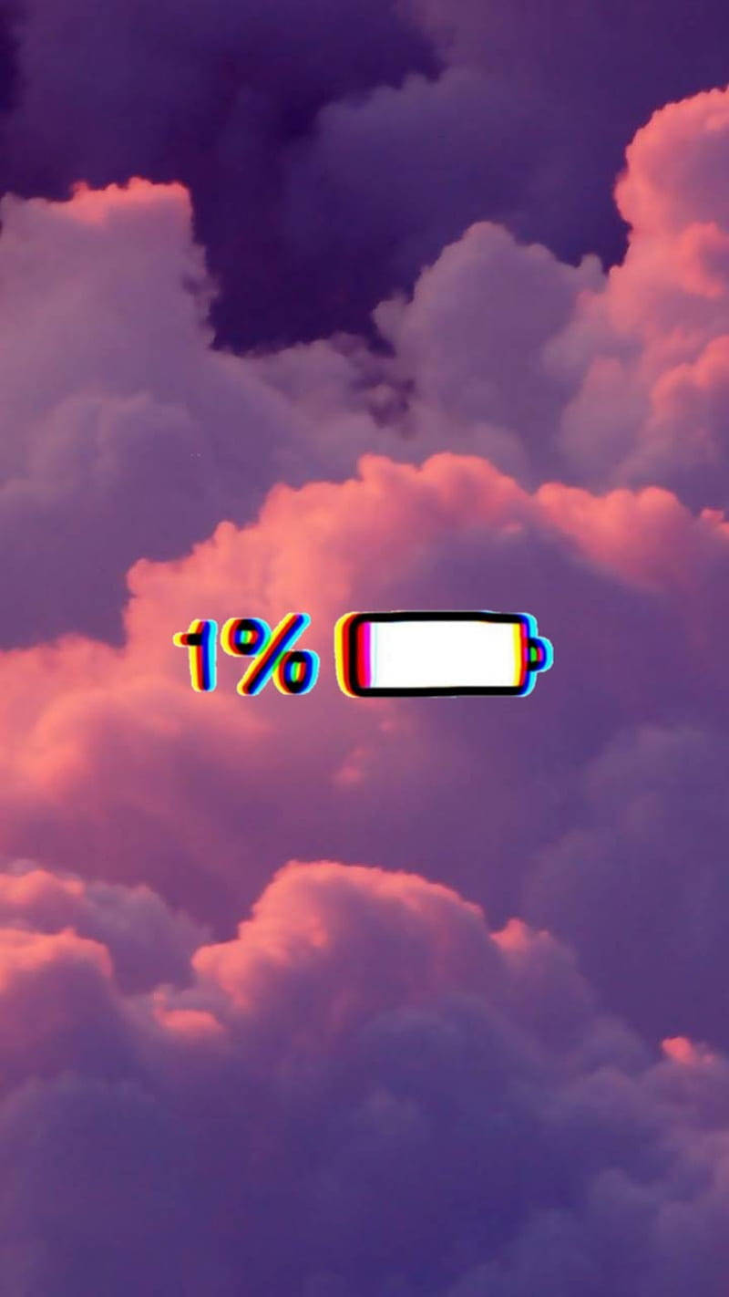 Glitch, low battery icon, pink and purple clouds, HD Phone Wallpaper