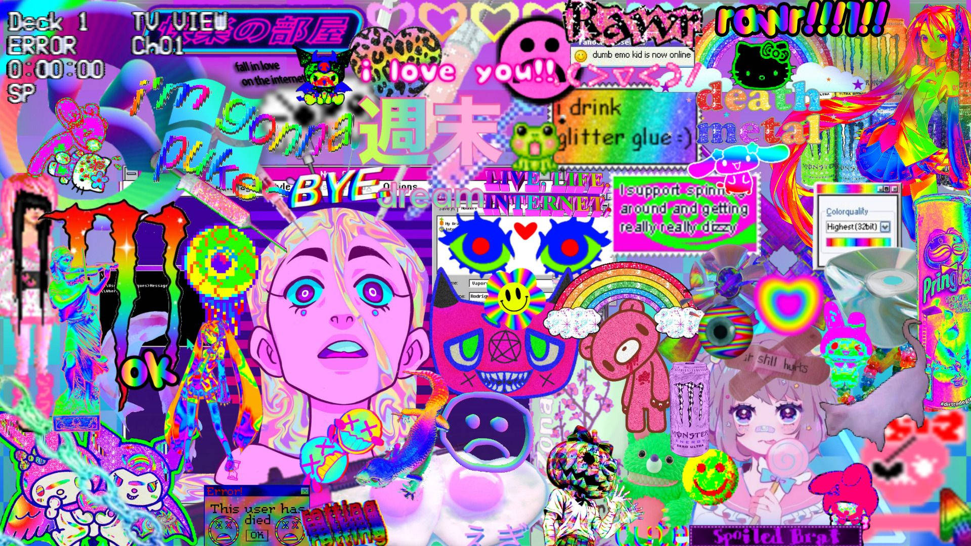 Glitchcore, neon colors, anime characters, Full HD Desktop Wallpaper