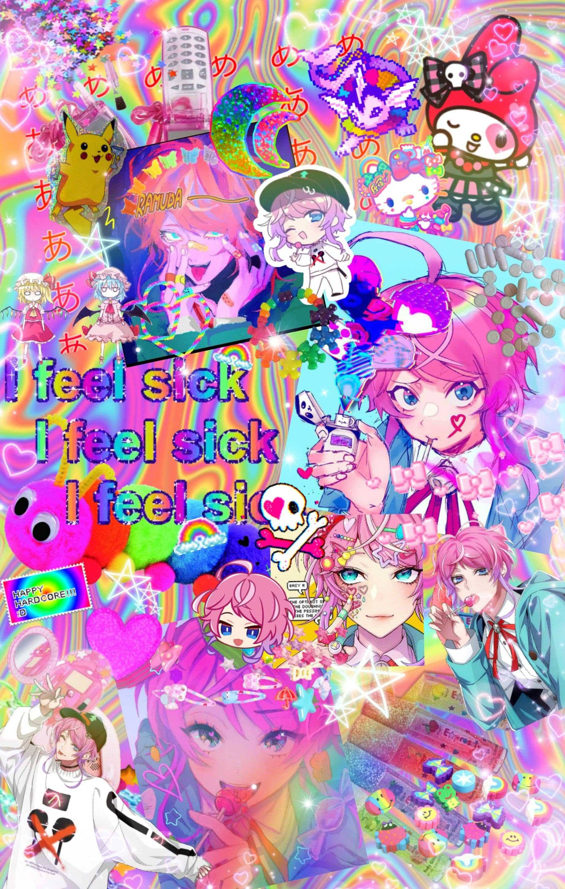 Glitchcore, anime collage, pink purple, 2K Phone Wallpaper