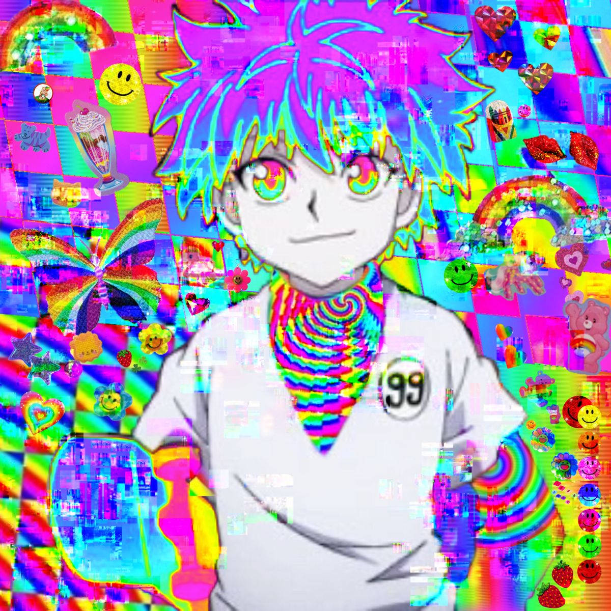 Glitchcore, anime character, spiky purple hair, SD Desktop Wallpaper