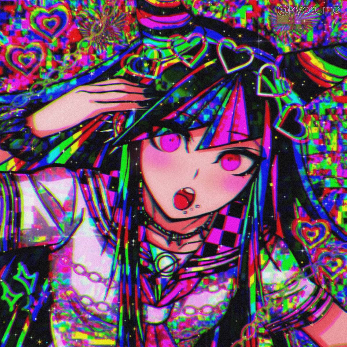 Glitchcore, anime girl, glowing pink eyes, SD Desktop Wallpaper