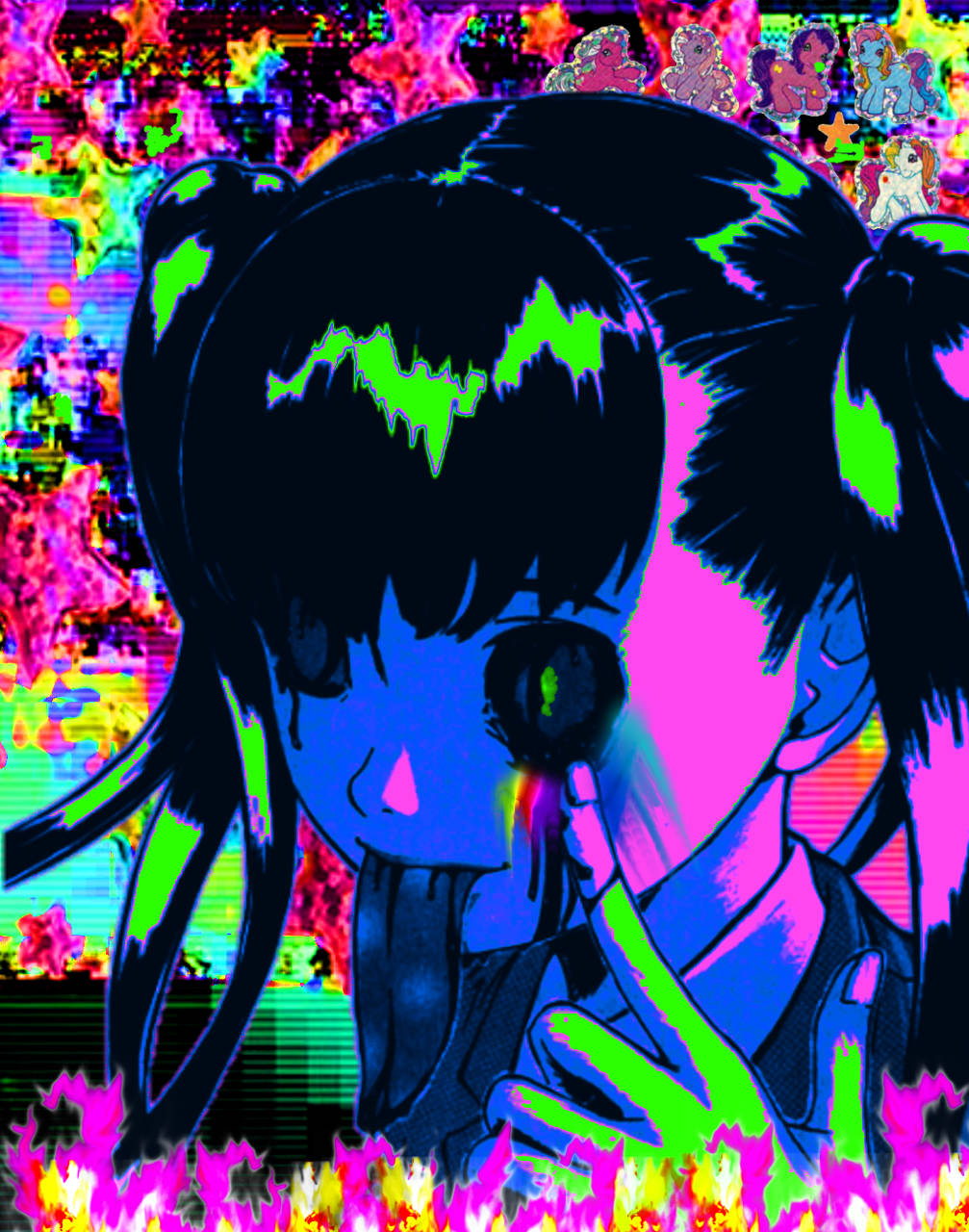 glitch-art, anime girl, glowing green hair, HD Phone Wallpaper