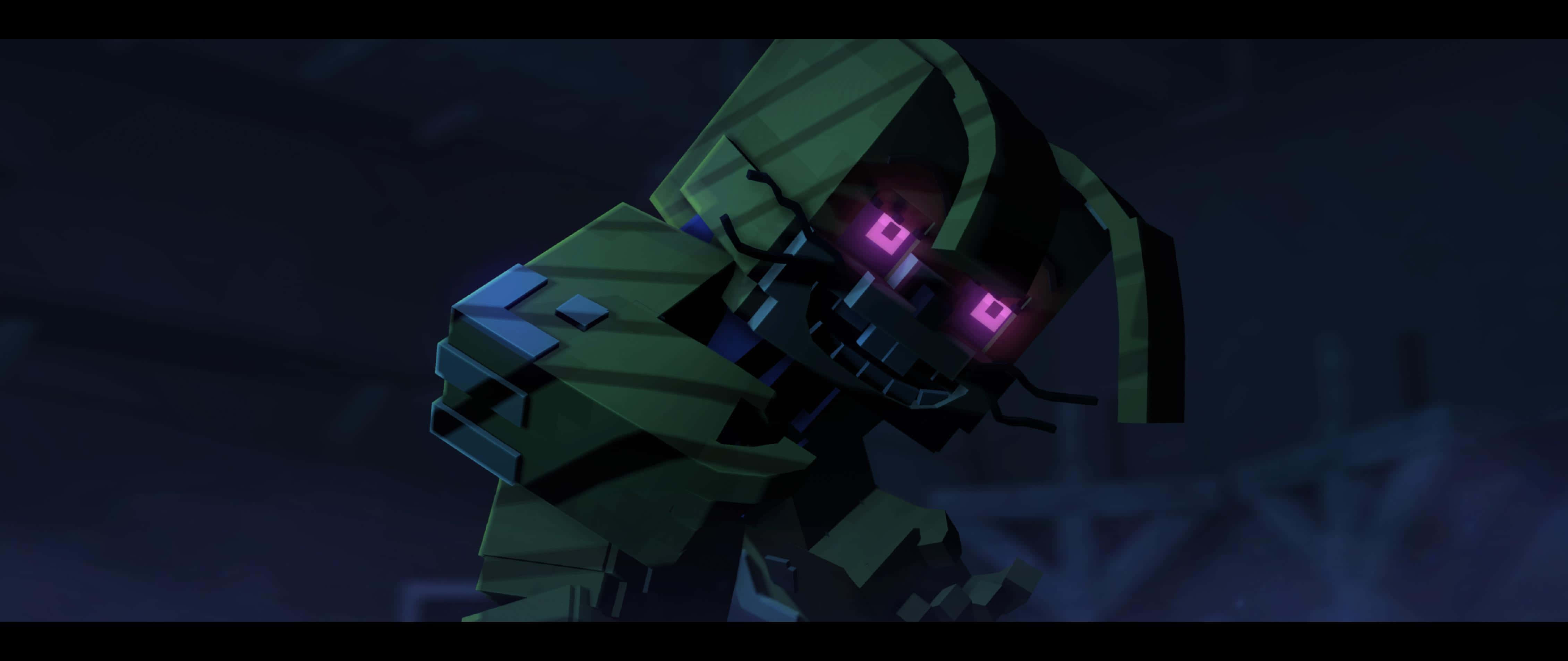 Glitchtrap, green hooded figure, glowing pink eyes, 4K Desktop Wallpaper