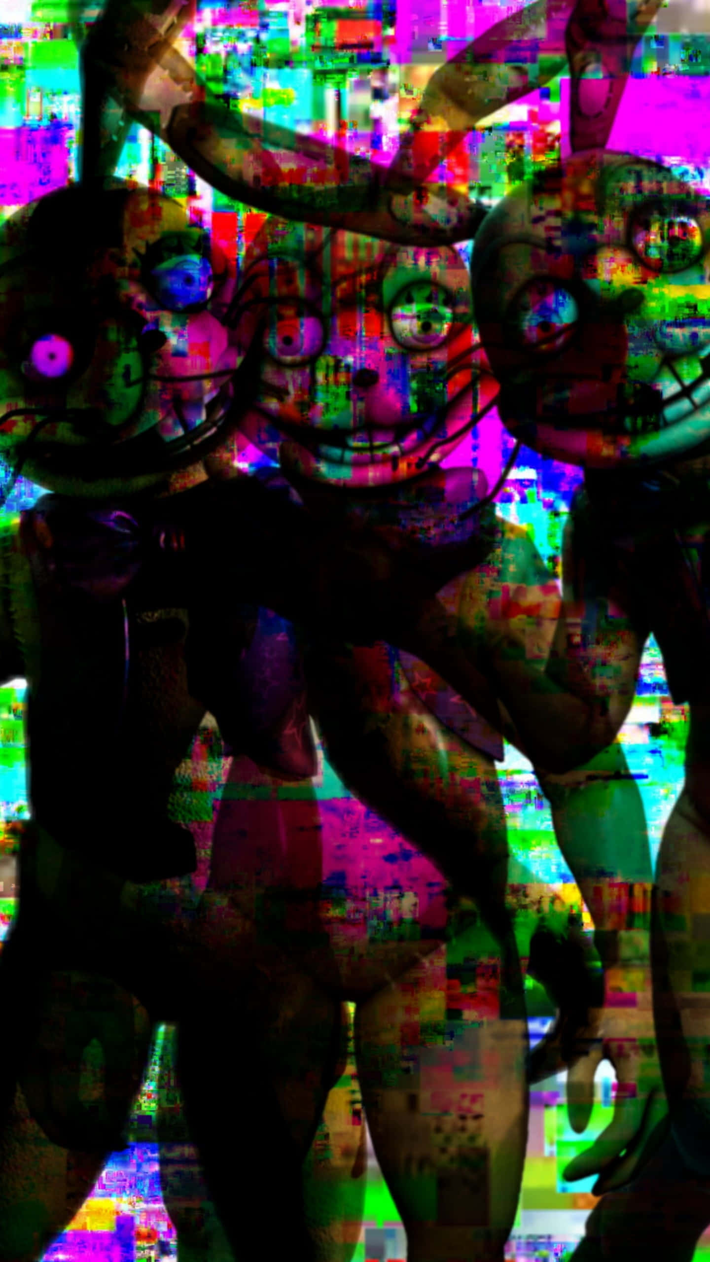 Glitchtrap, glitchy distorted animatronic figures, glowing eyes, 2K Phone Wallpaper