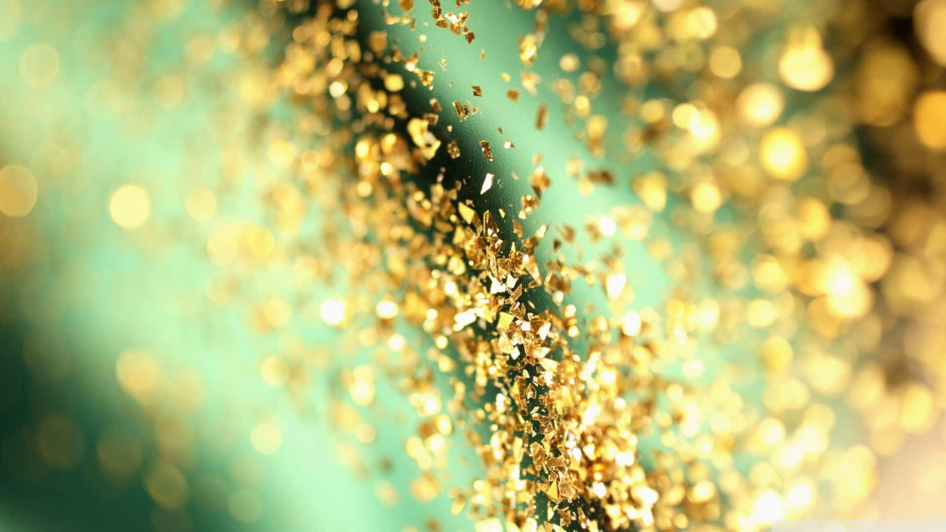 glittery aesthetic, golden glitter particles, soft teal bokeh background, Full HD Desktop Wallpaper