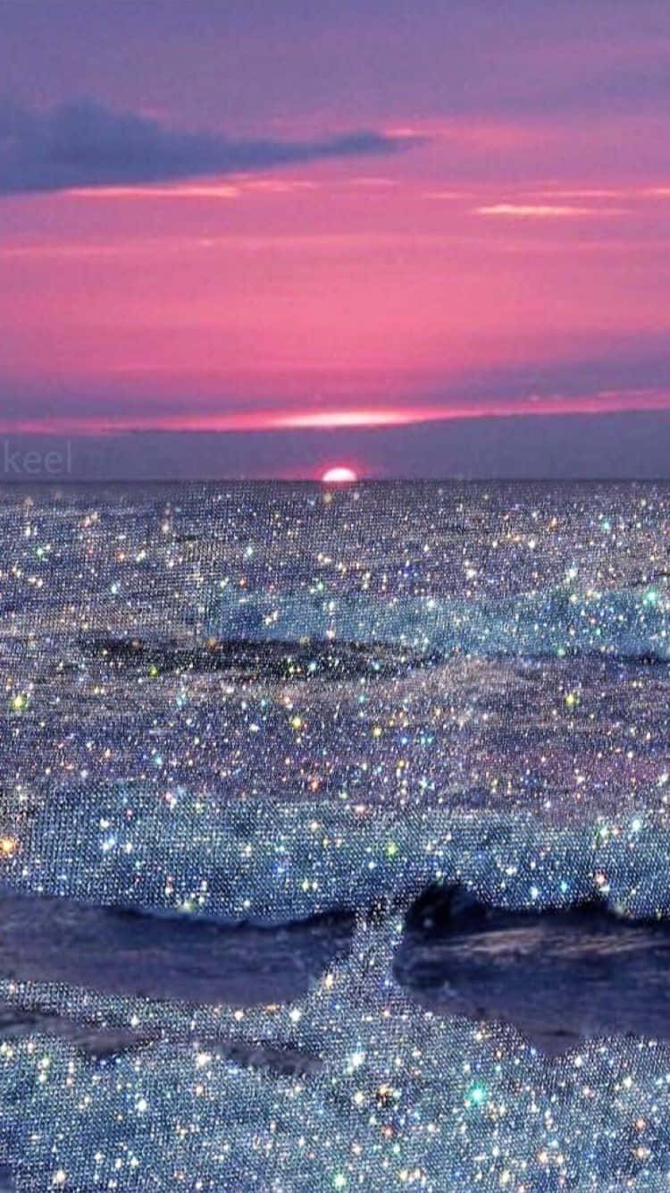 glittering ocean, sunset, pink sky, HD Phone Wallpaper