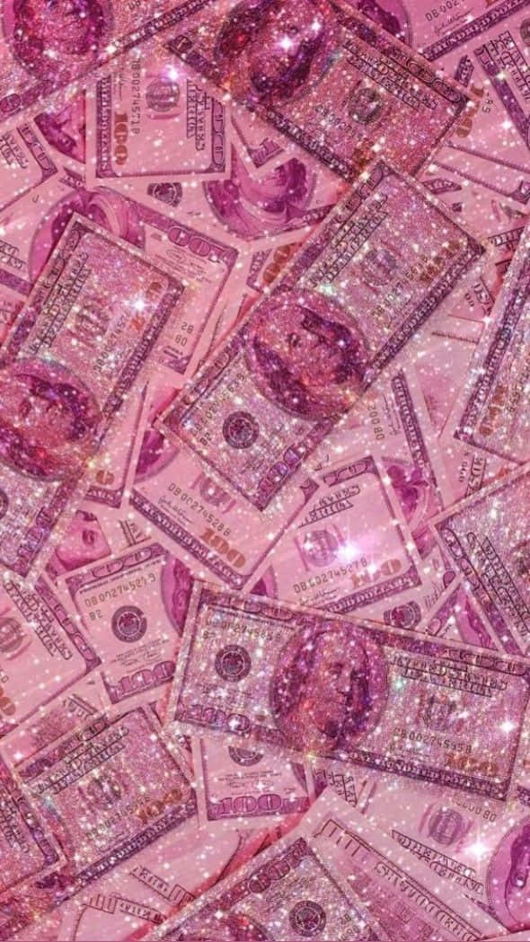 glittery pink cascade, one hundred dollar bills, shimmering particles, SD Phone Wallpaper